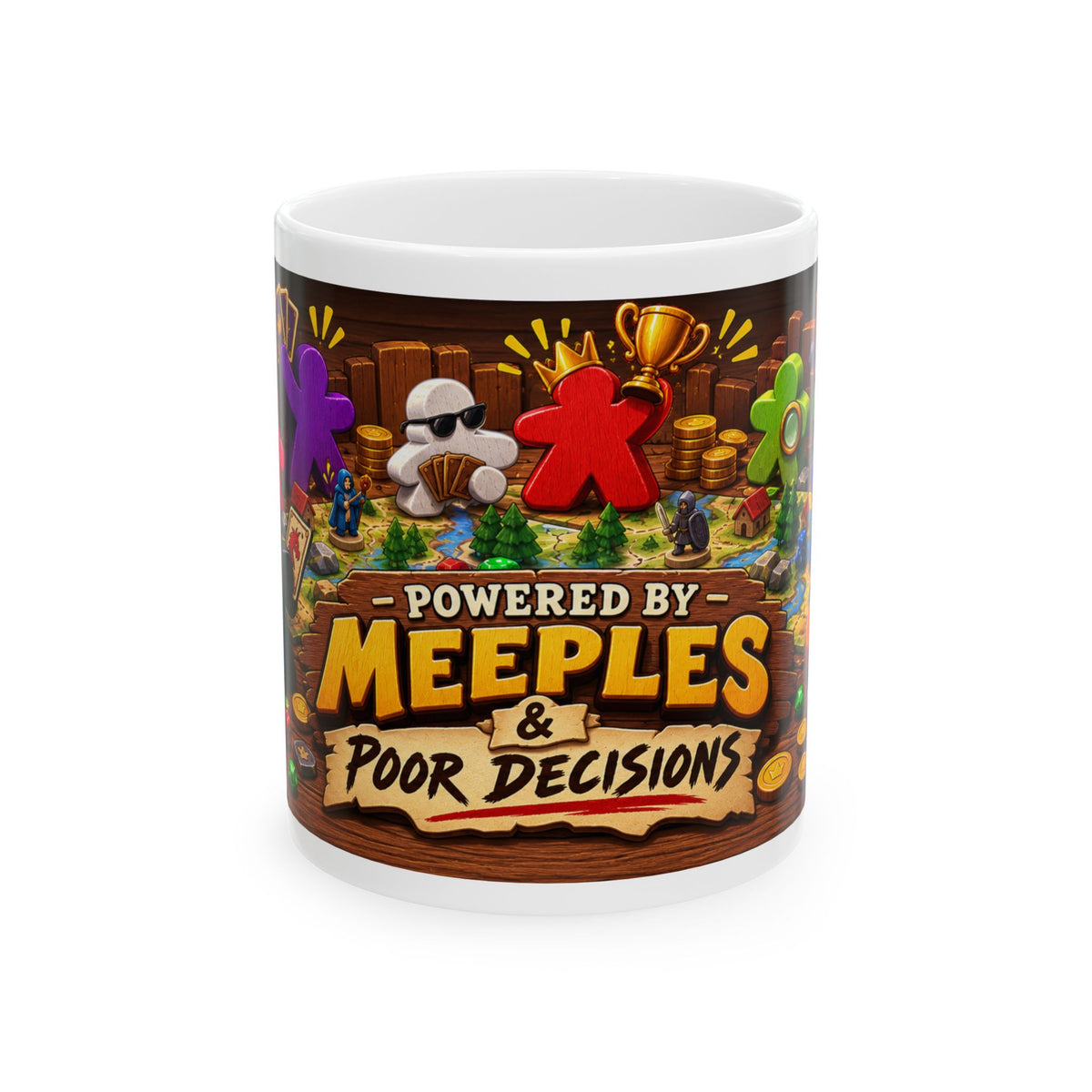 Ceramic Mug — "Powered by Meeples & Poor Decisions" Board Game Coffee Cup