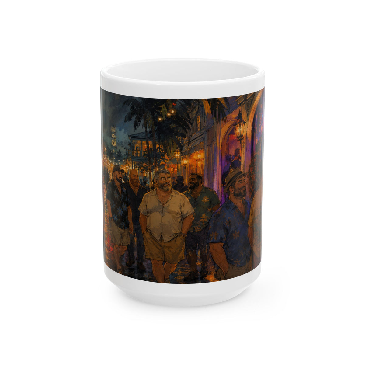 Street Nightlife Ceramic Mug — Cozy Tropical Bear Bar Scene Coffee Cup (11oz/15oz)Bear Coffee Mug