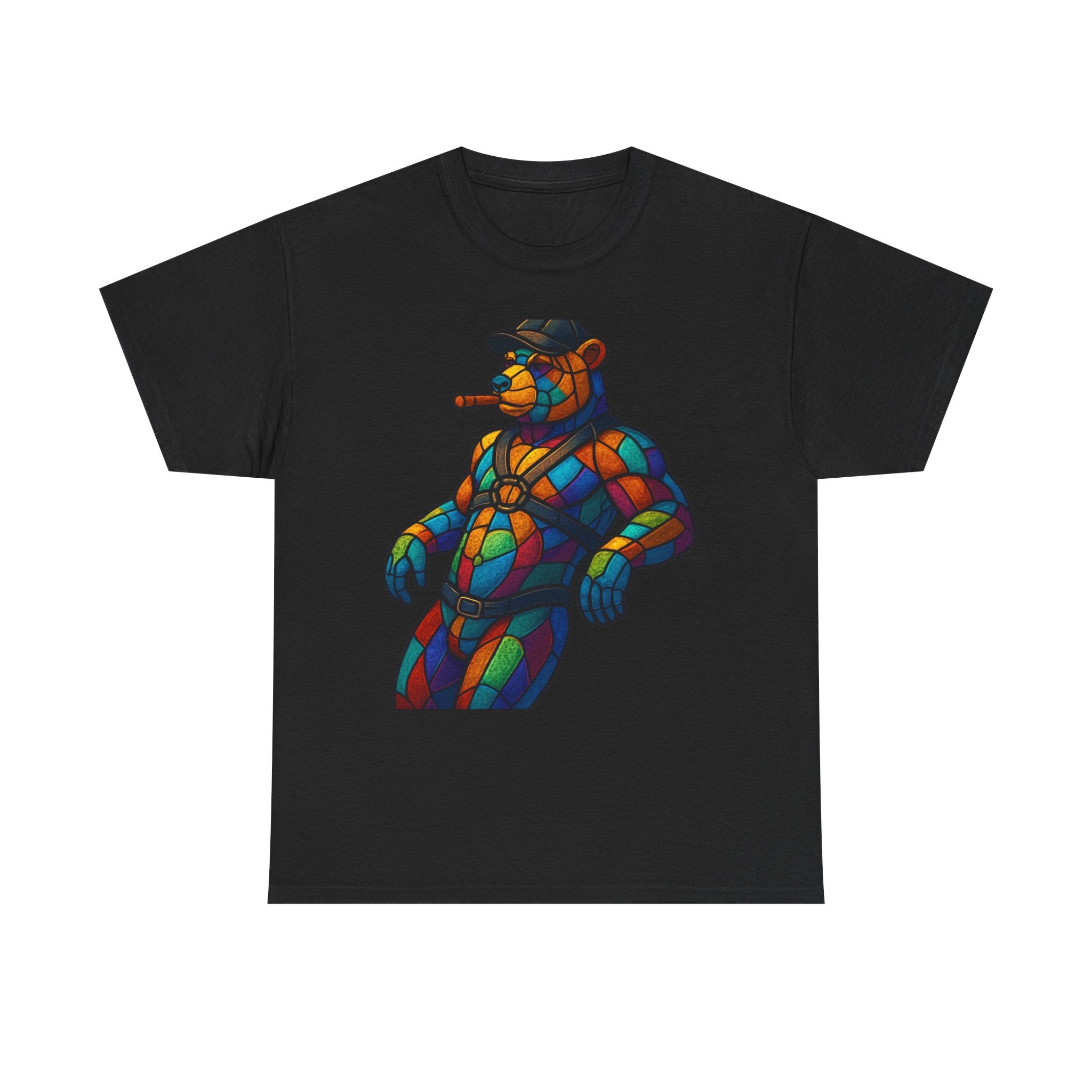 Stained Glass Bear Tee — Colorful Smoking Bear Graphic T-Shirt Bear cigar bear. Colorfull rainbow bear. Leather bear