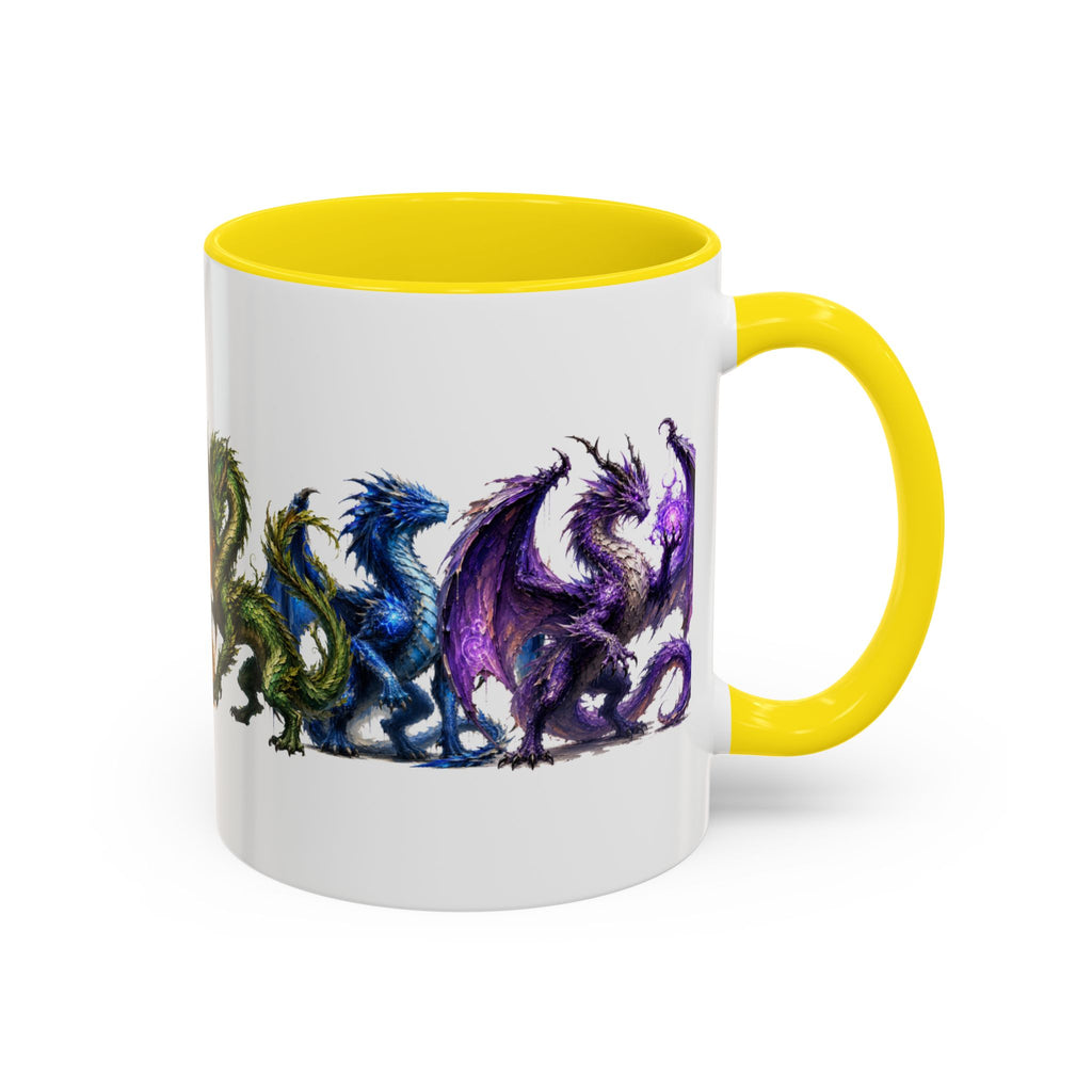 Rainbow Dragon Lineup Accent Coffee Mug — Colorful Fantasy Creature Tea & Coffee Cup