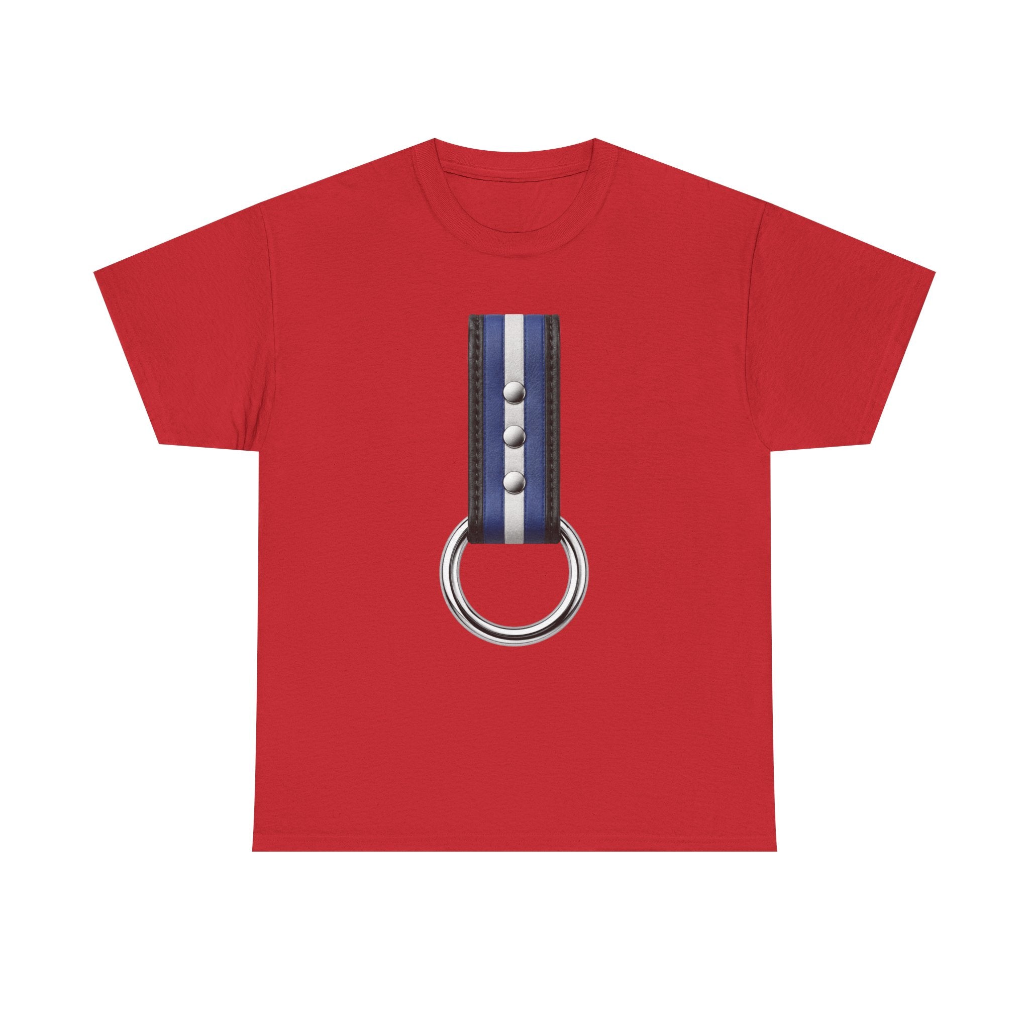 Blue Stripe O-Ring Graphic Tee. Leather pride strap
