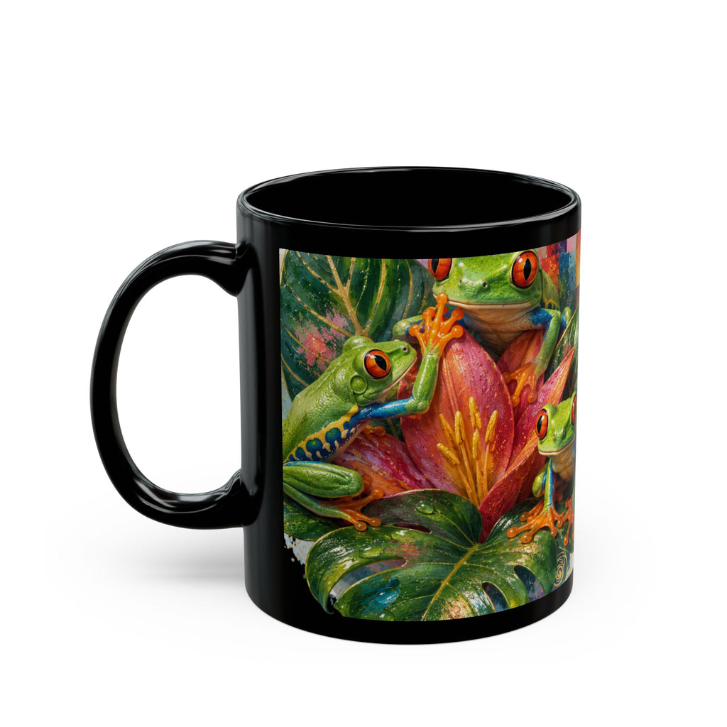 Colorful Tree Frog Coffee Mug — Tropical Floral Black Ceramic (11oz/15oz)