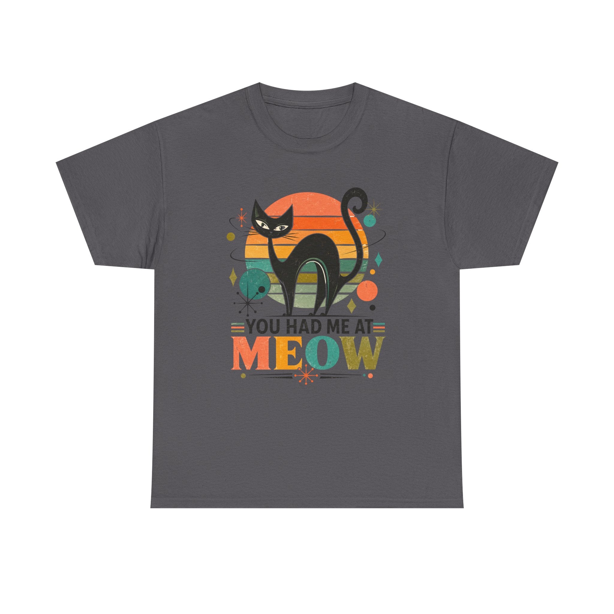 You Had Me At Meow Tee — Retro Cat Graphic T-Shirt. Tangentsies Cat in Retro Mod