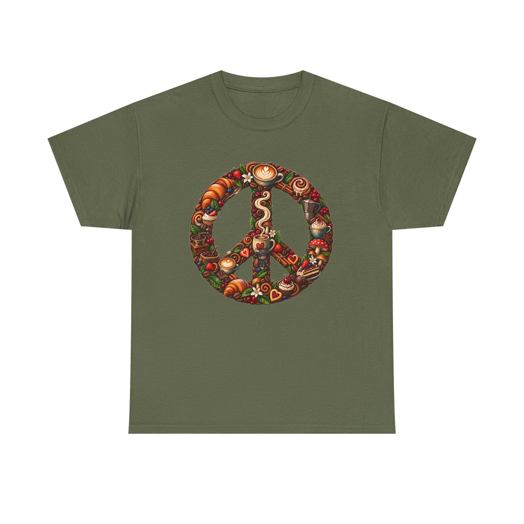 Peace Sign Tee — Autumn Harvest Floral Peace Symbol with Coffee shirt.