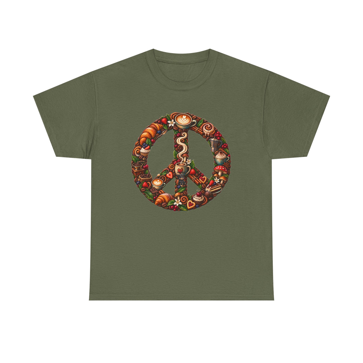 Peace Sign Tee — Autumn Harvest Floral Peace Symbol with Coffee shirt.