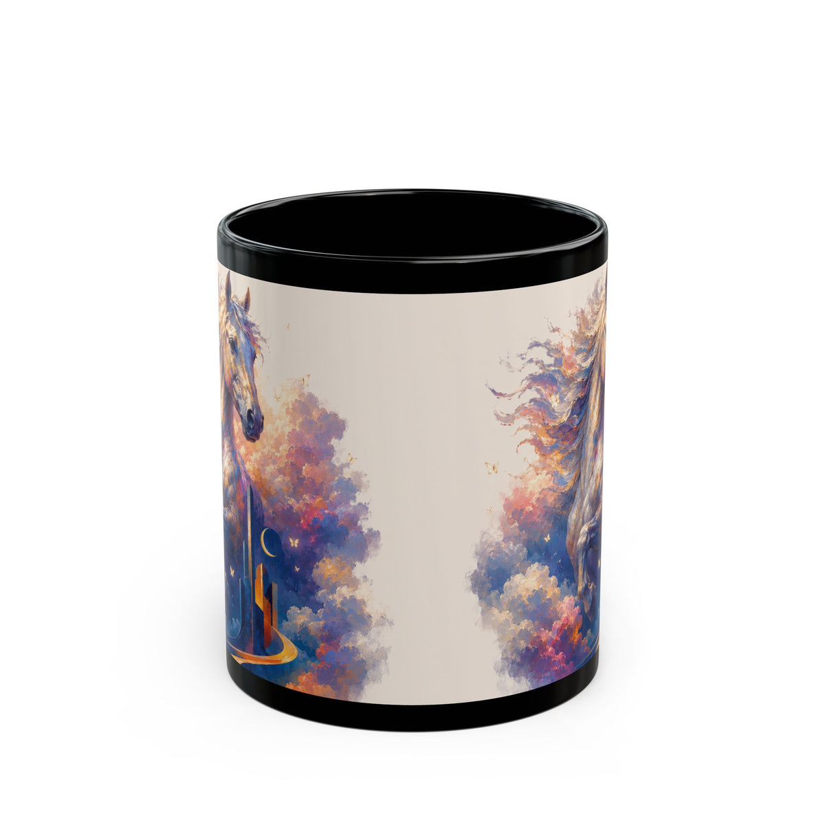 Magical Horse Nightscape Black Mug (11oz & 15oz) — Fantasy Unicorn-Like Horse Coffee Cup