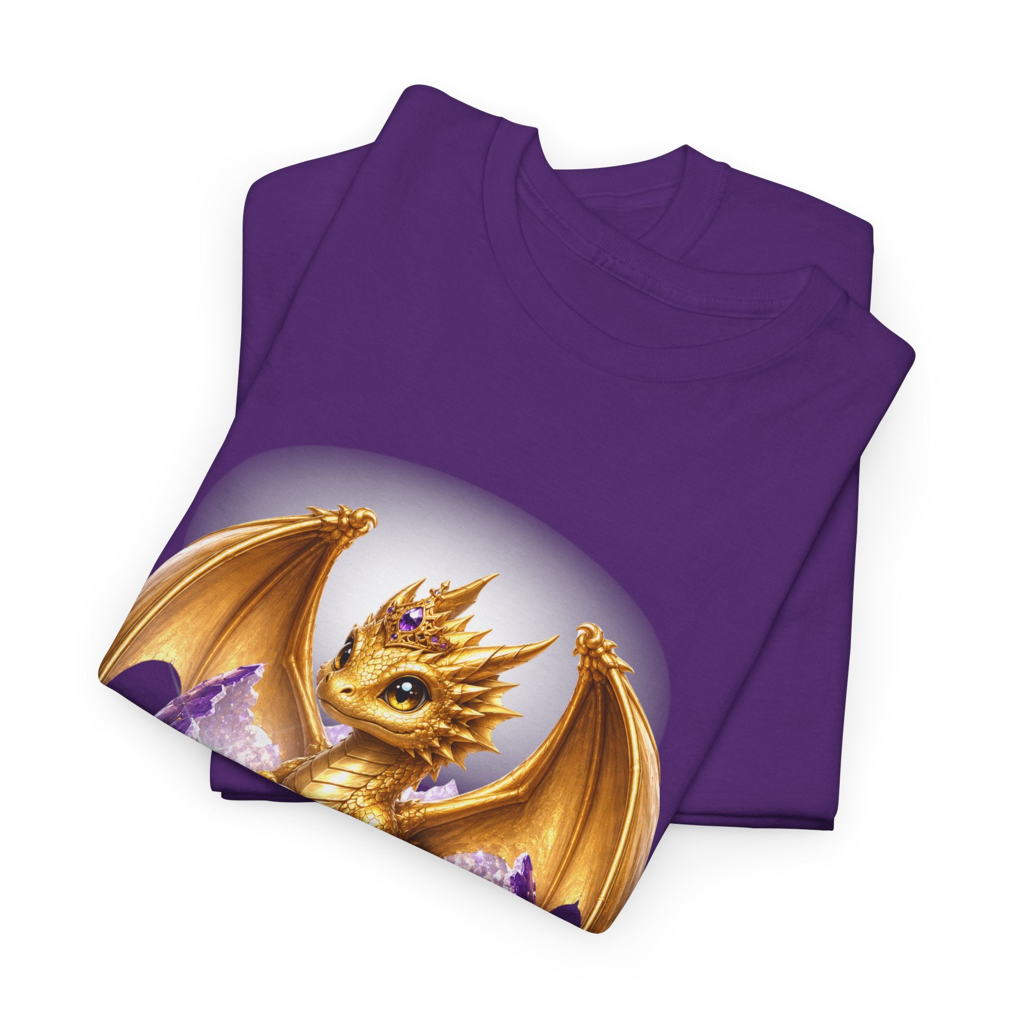 Golden Baby Dragon Tee — Cute Fantasy Dragon Shirt with Purple Egg