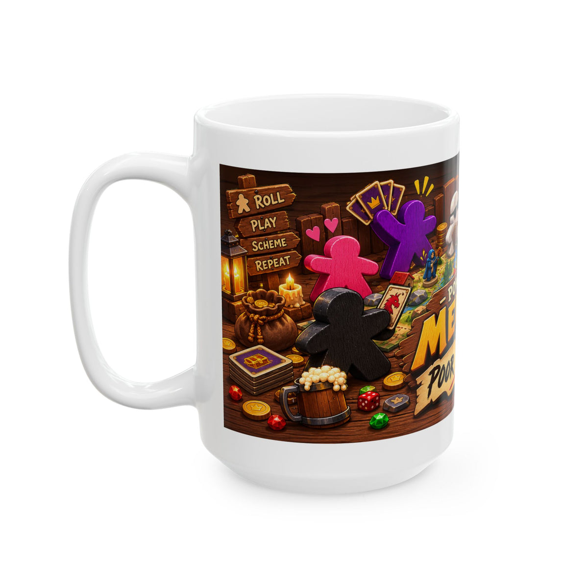 Ceramic Mug — "Powered by Meeples & Poor Decisions" Board Game Coffee Cup