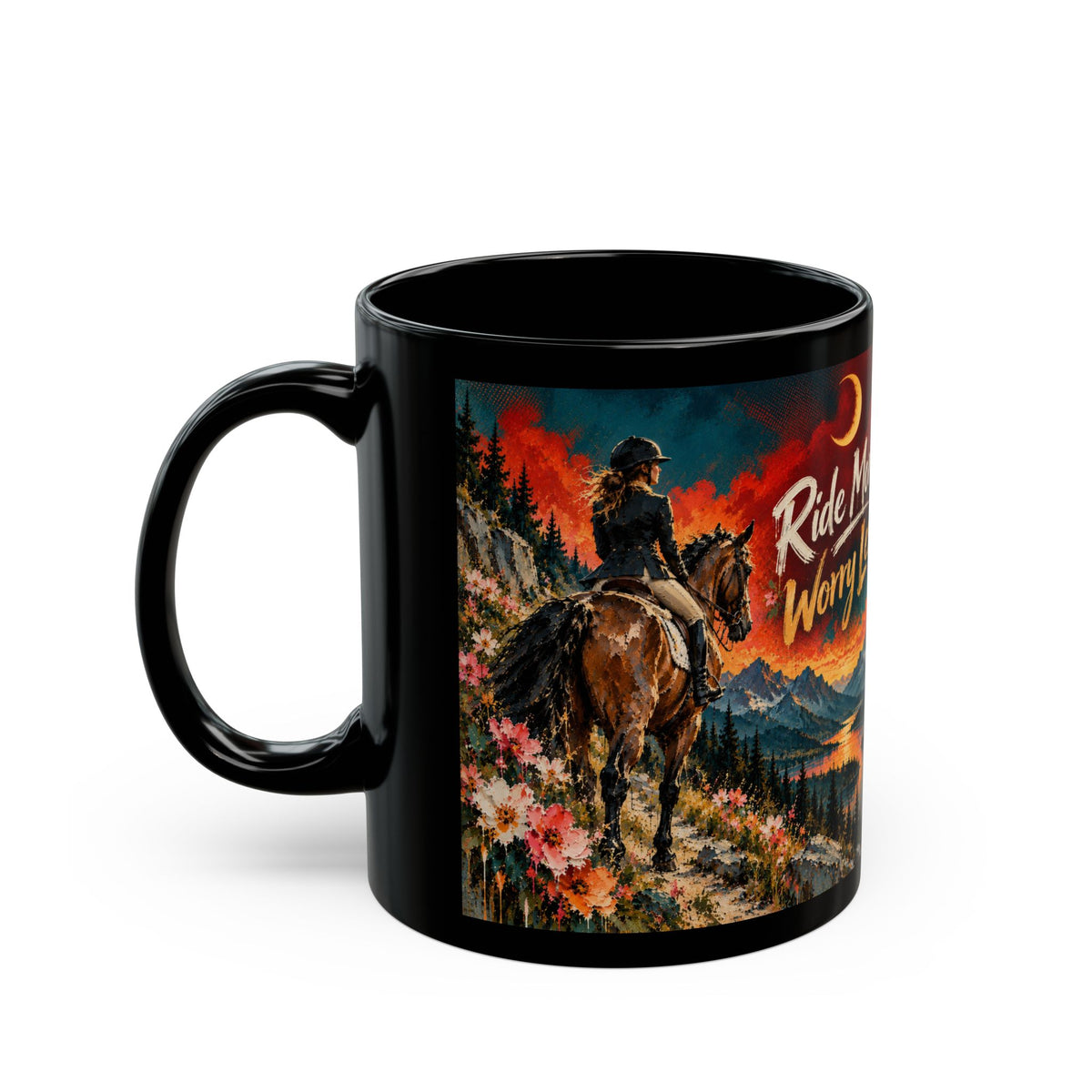 Ride More Worry Less Mug — Cowboy Horse Scenic Black Coffee Cup (11oz/15oz)Horse Lover Coffee Mug – Equestrian Art Mug with Jewel Tone Horse Painting