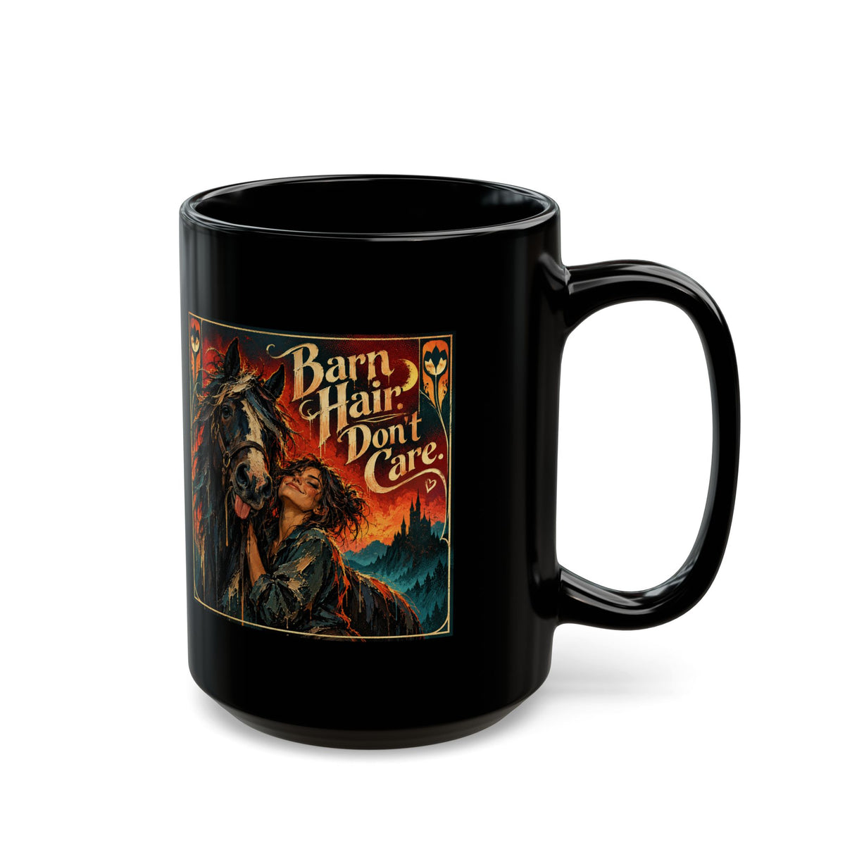 Black Mug — 'Barn Hair Don't Care' Rustic Horse Coffee Cup (11oz/15oz)Horse Lover Coffee Mug – Equestrian Art Mug with Jewel Tone Horse Painting