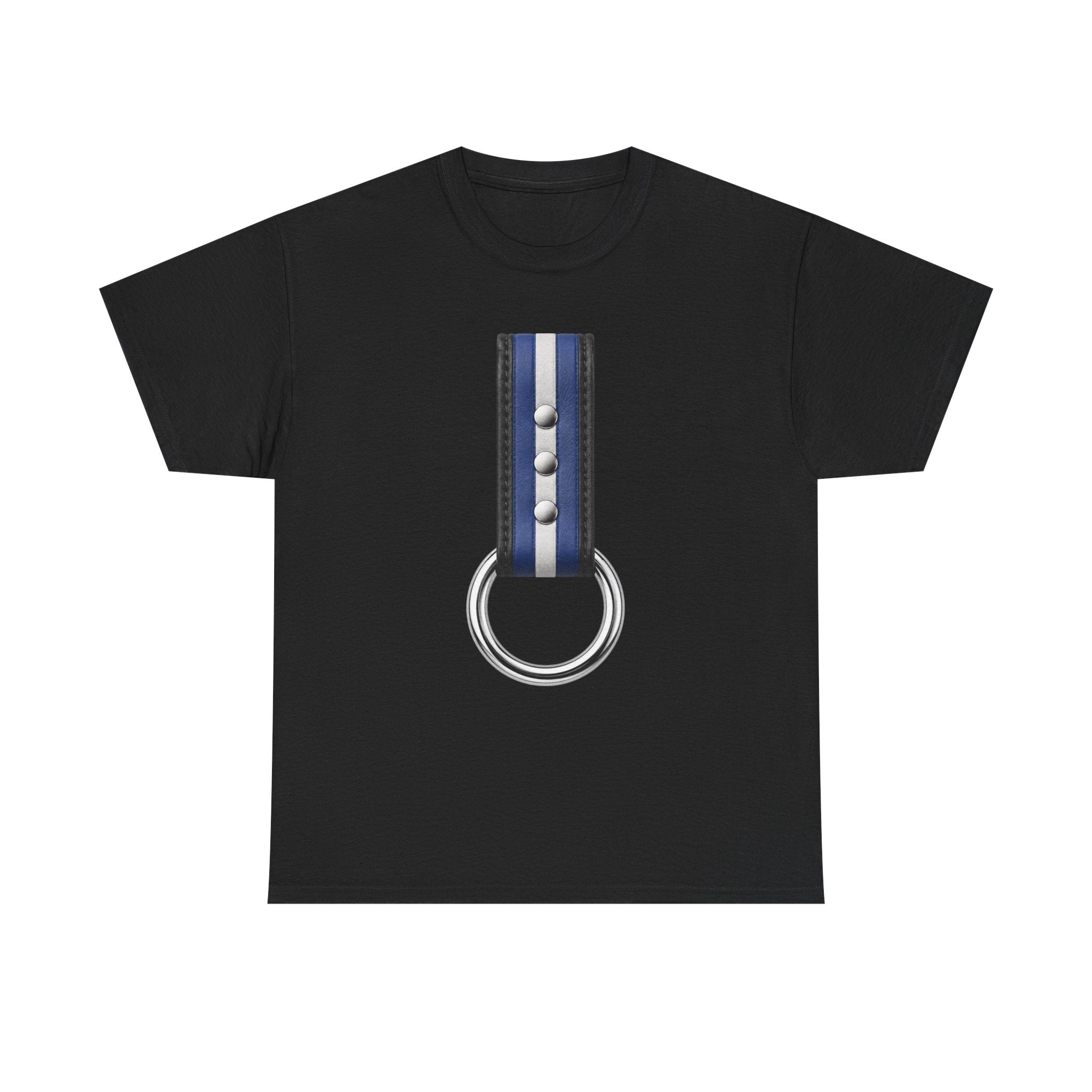 Blue Stripe O-Ring Graphic Tee. Leather pride strap