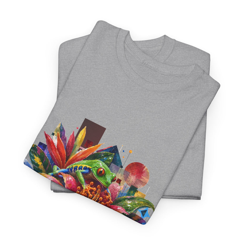 T-Shirt — Tropical Floral Collage Tee. Frog tee, Tree Frogs in Foliage. Eco-friendly reminder.