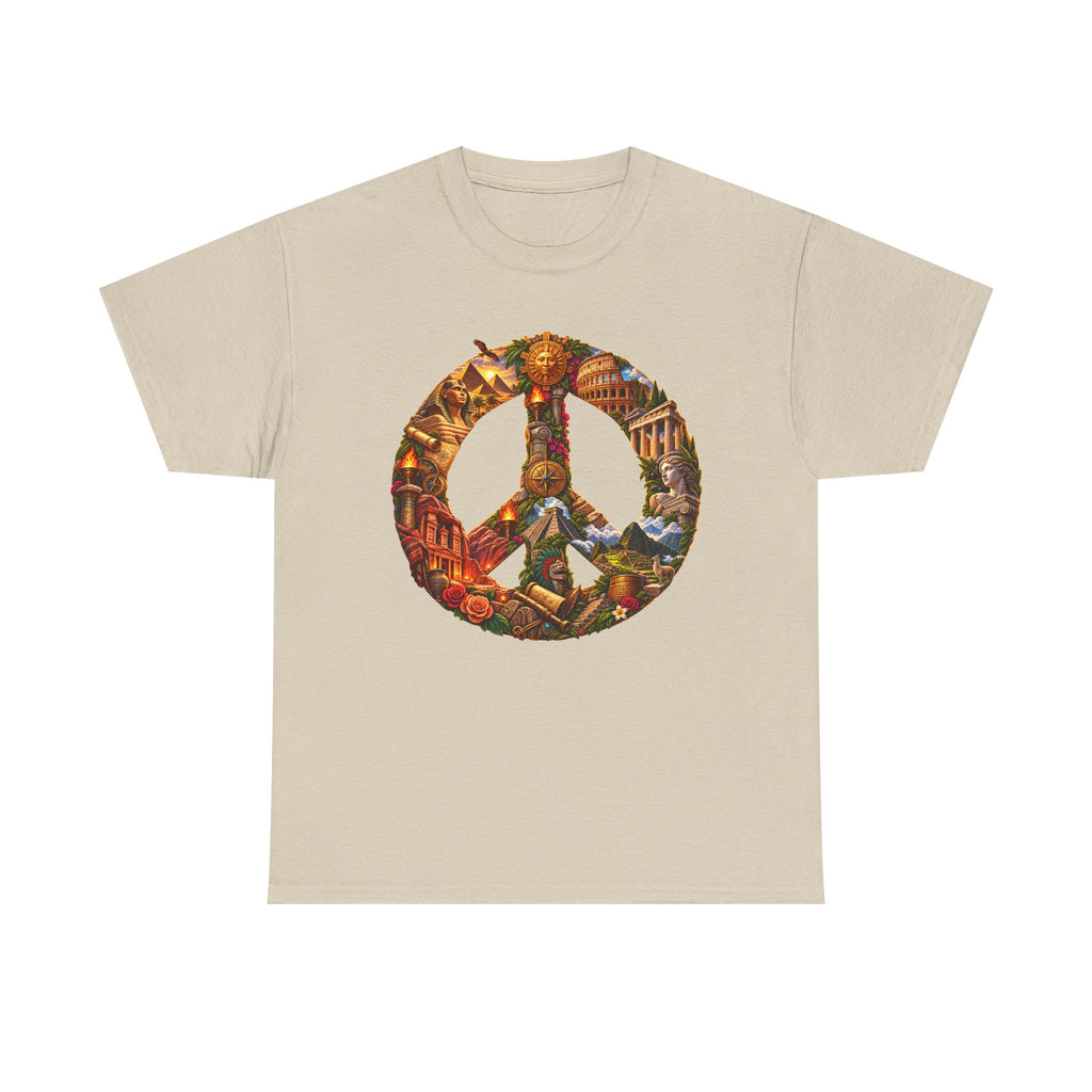 Peace Symbol Collage T-Shirt — Vintage Travel & Nature Graphic Tee
