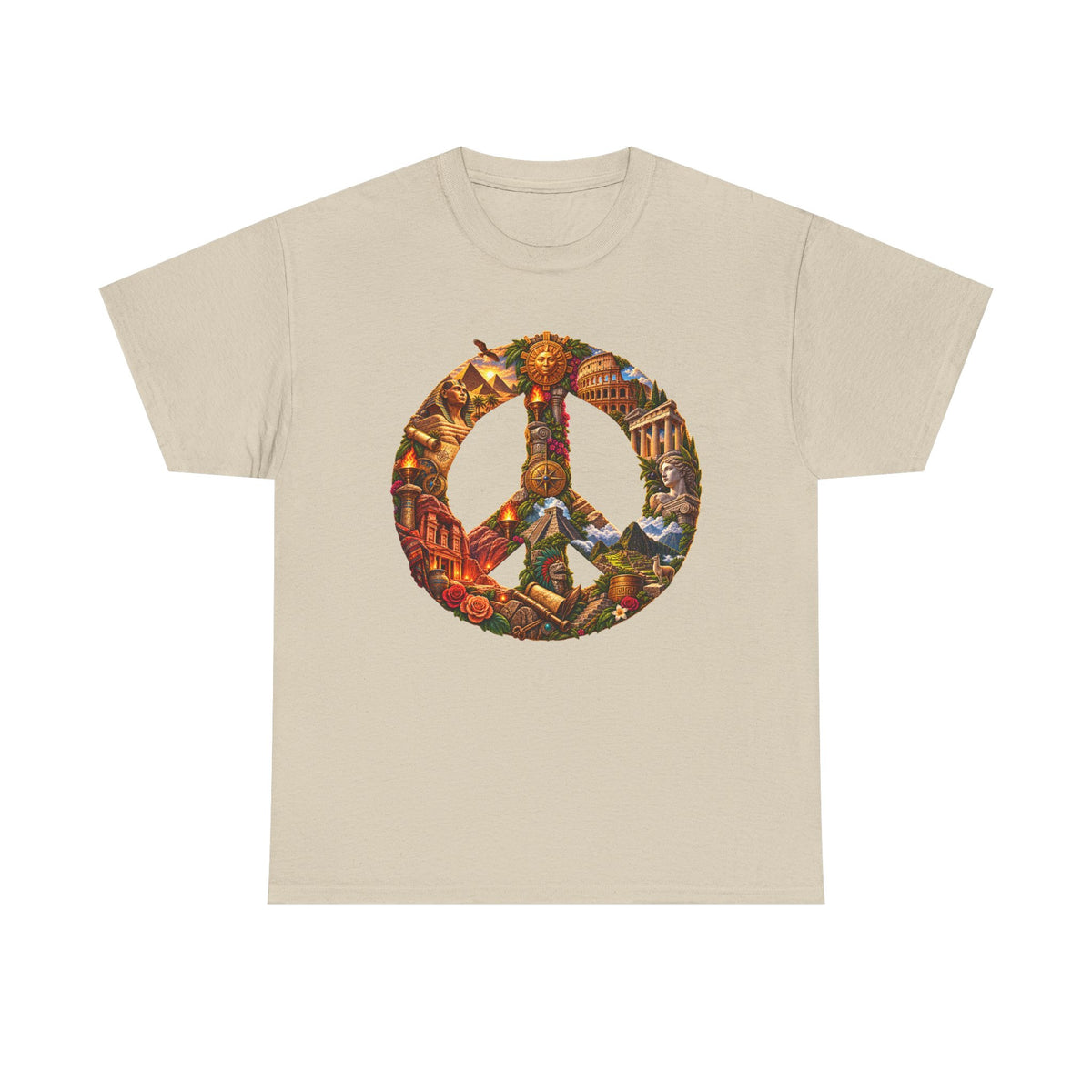 Peace Symbol Collage T-Shirt — Vintage Travel & Nature Graphic Tee