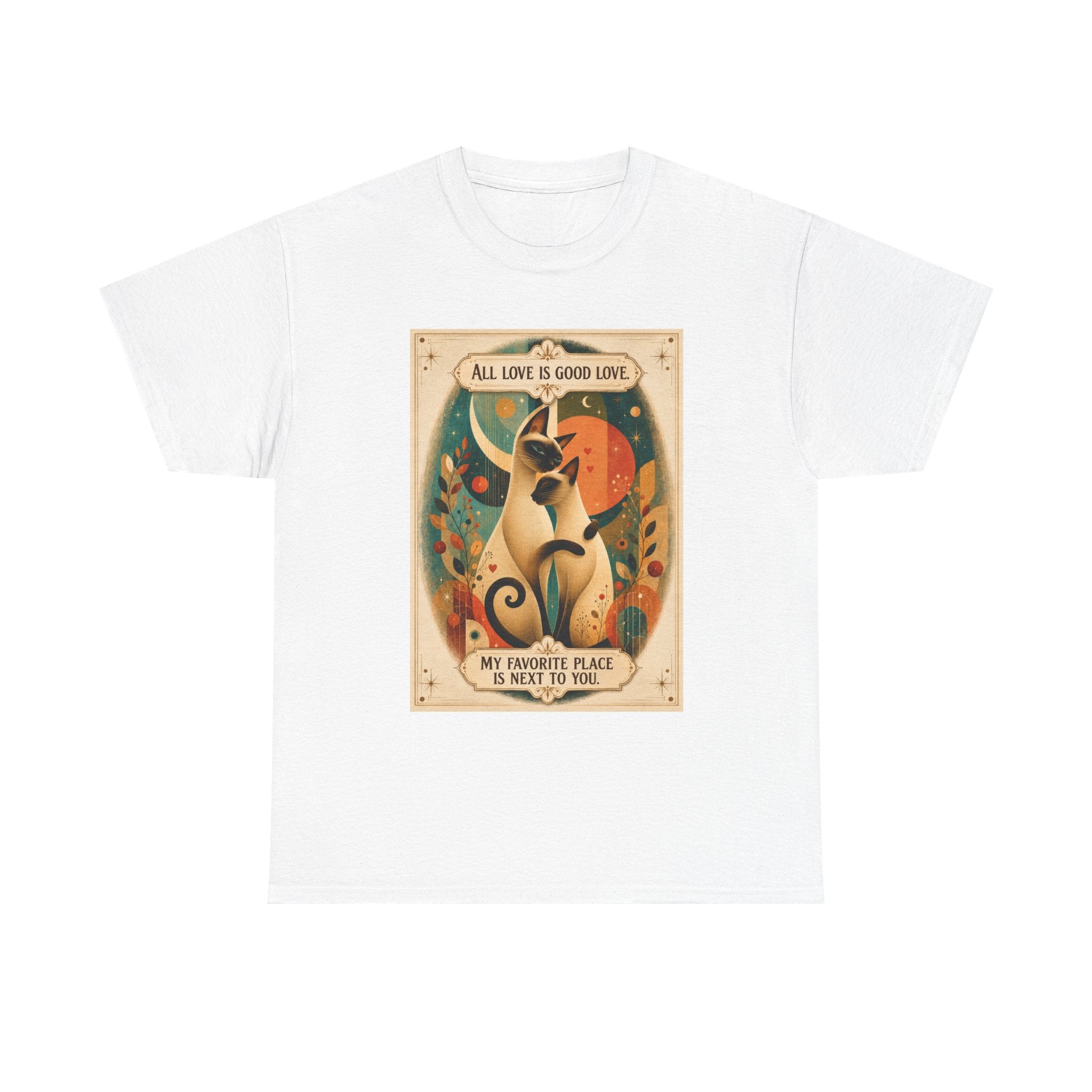 Cat Love Graphic Tee — "All Love Is Good Love" Retro Cat Couple T-Shirt. Siamese Cat Shirt Cat Lover Gift Cat Mom Shirt Cat Dad Shirt Cat People Apparel Cute Cat T-Shirt Cat Lover Tee Siamese Cat...
