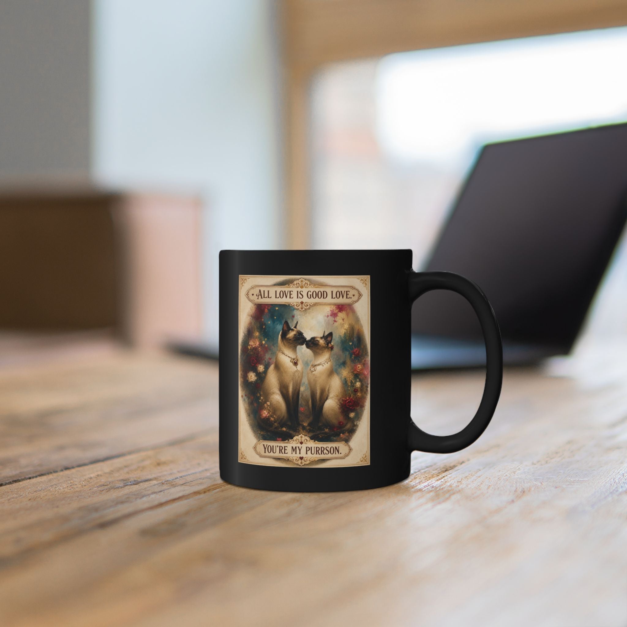 Cat Lover Mug - "All Love is Good Love, You're My Purrson" Black Ceramic Coffee Mug. Siamese cats coffee mug.