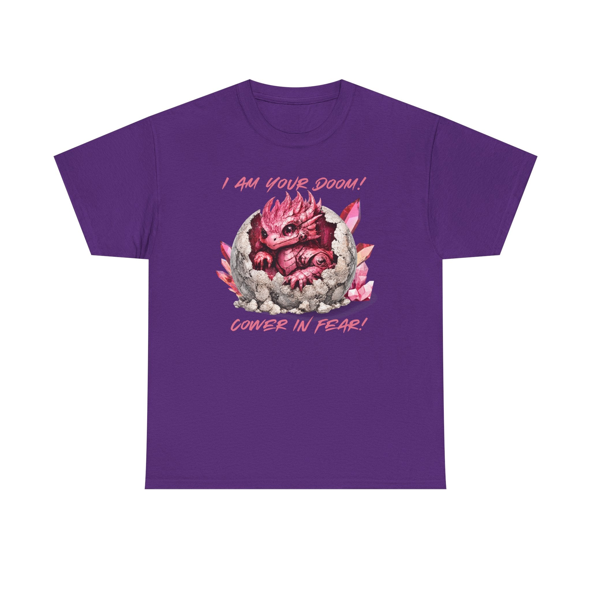 Cute Monster Tee — "I Am Your Doom! Cower in Fear!" Pink Hatchling Graphic Shirt