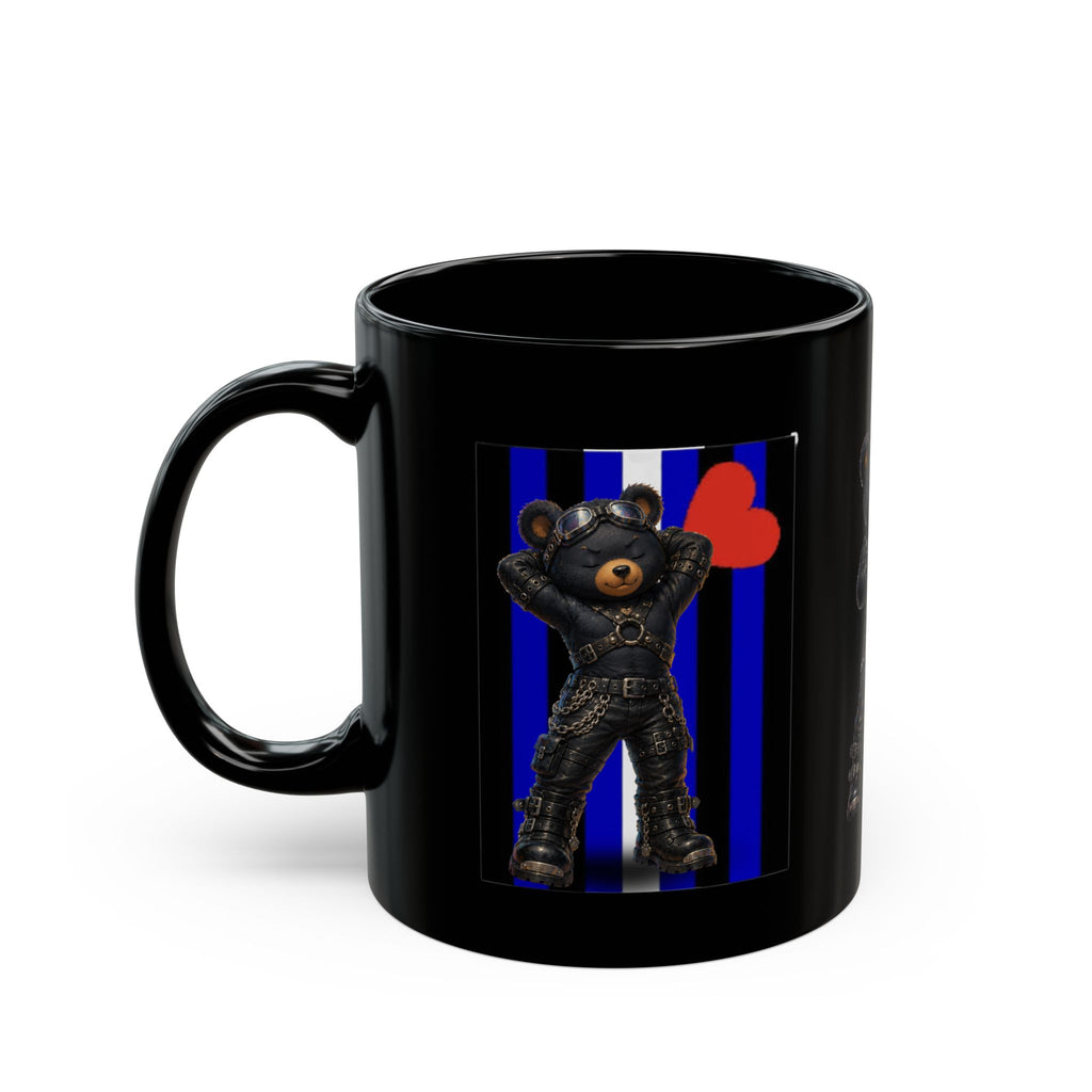Leather Bear Mug — Biker Teddy on Blue Stripe Black Coffee Cup (11oz, 15oz)