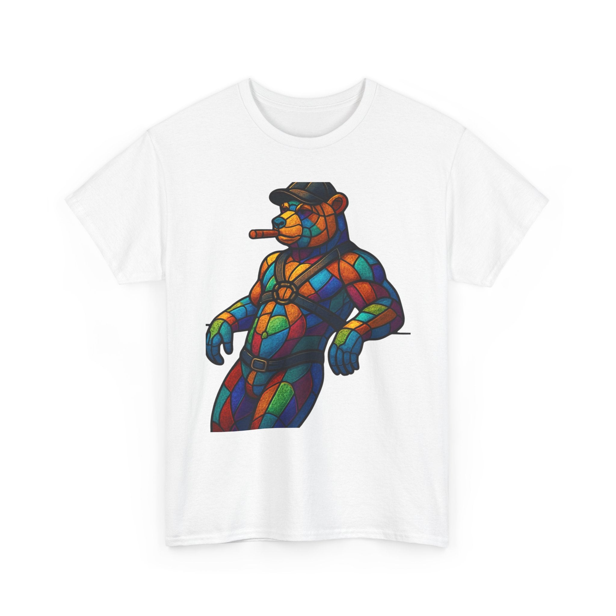 Stained Glass Bear Tee — Colorful Smoking Bear Graphic T-Shirt Bear cigar bear. Colorfull rainbow bear. Leather bear