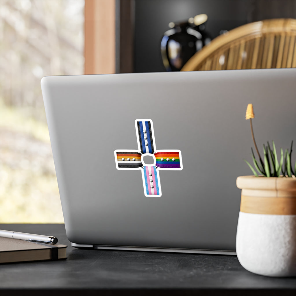 Pride Flag Cross Vinyl Sticker — Kiss-Cut LGBTQ+ Ally Decal (Rainbow, Trans & Stripes)