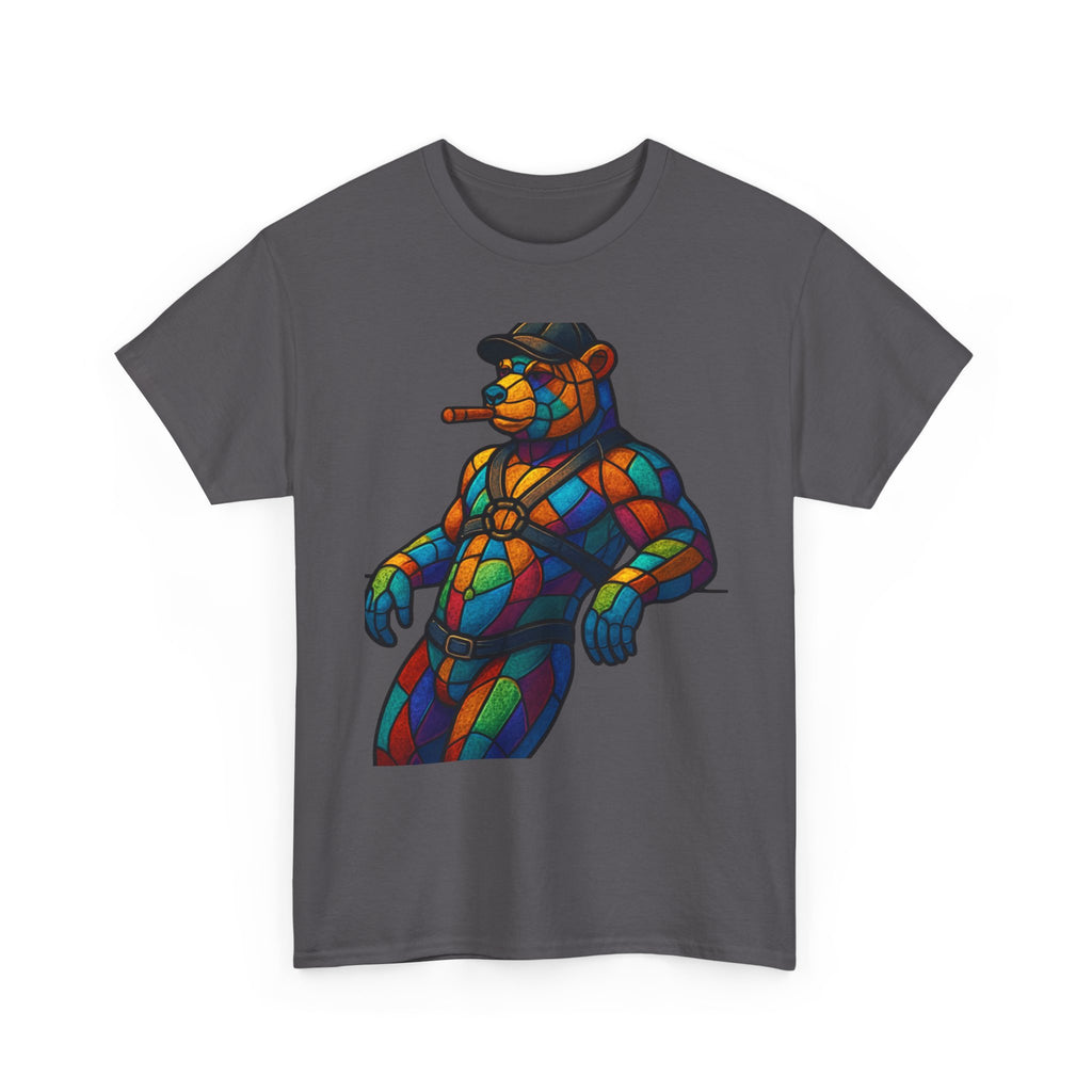 Stained Glass Bear Tee — Colorful Smoking Bear Graphic T-Shirt Bear cigar bear. Colorfull rainbow bear. Leather bear
