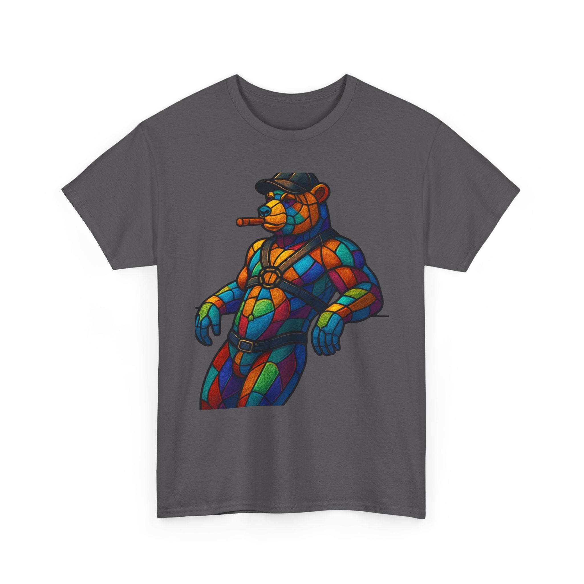 Stained Glass Bear Tee — Colorful Smoking Bear Graphic T-Shirt Bear cigar bear. Colorfull rainbow bear. Leather bear