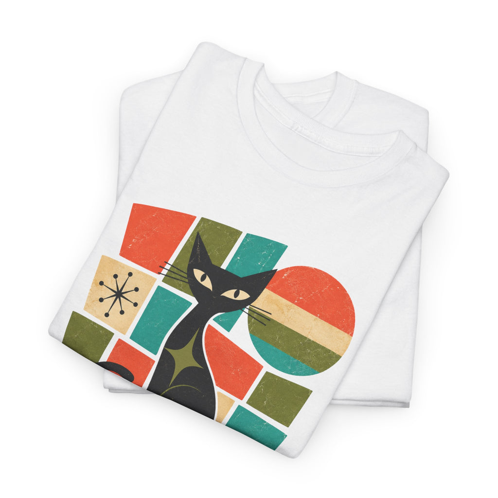 Stay Pawsitive Cat T-Shirt — Retro Graphic Tee for Cat Lovers. Tangentsies Mod Cat t-shirt