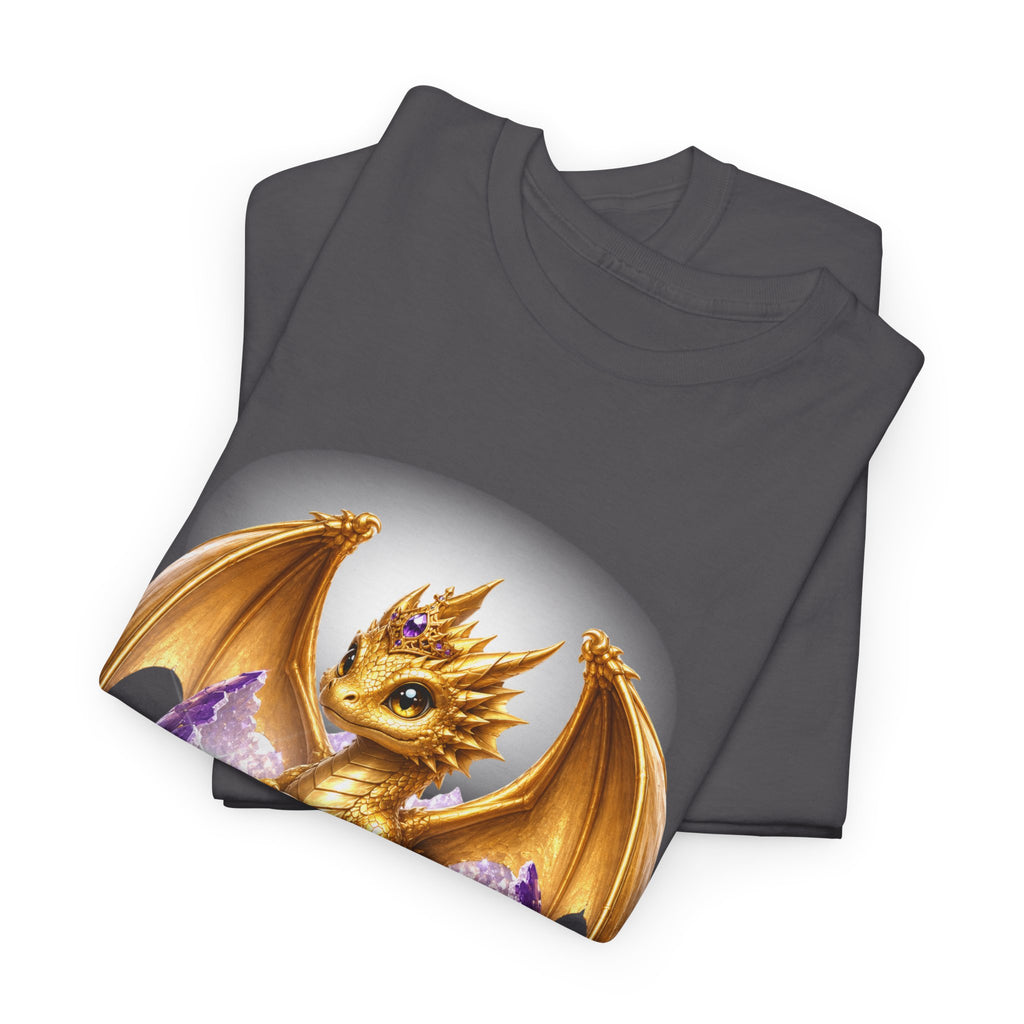 Golden Baby Dragon Tee — Cute Fantasy Dragon Shirt with Purple Egg
