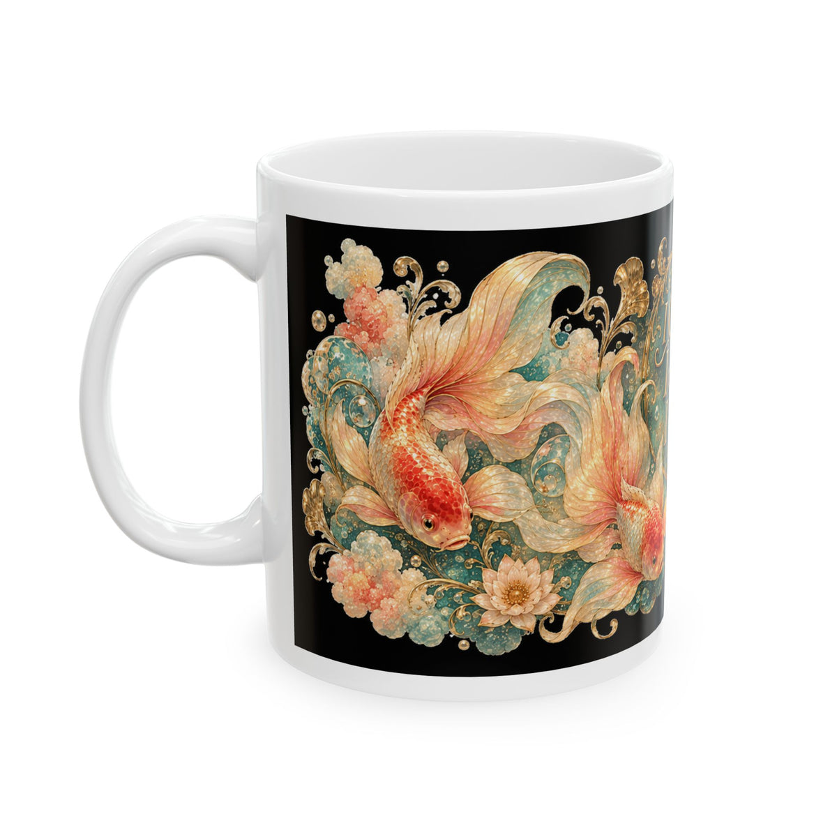 Ceramic Mug — Vintage Floral Goldfish Design with Quote “I Came. I Saw. I Forgot.”