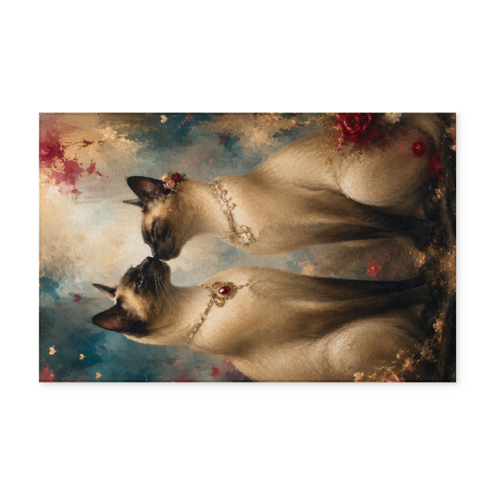 Siamese Cat Art Washable Rug – Elegant Floral Pet Portrait Door Mat