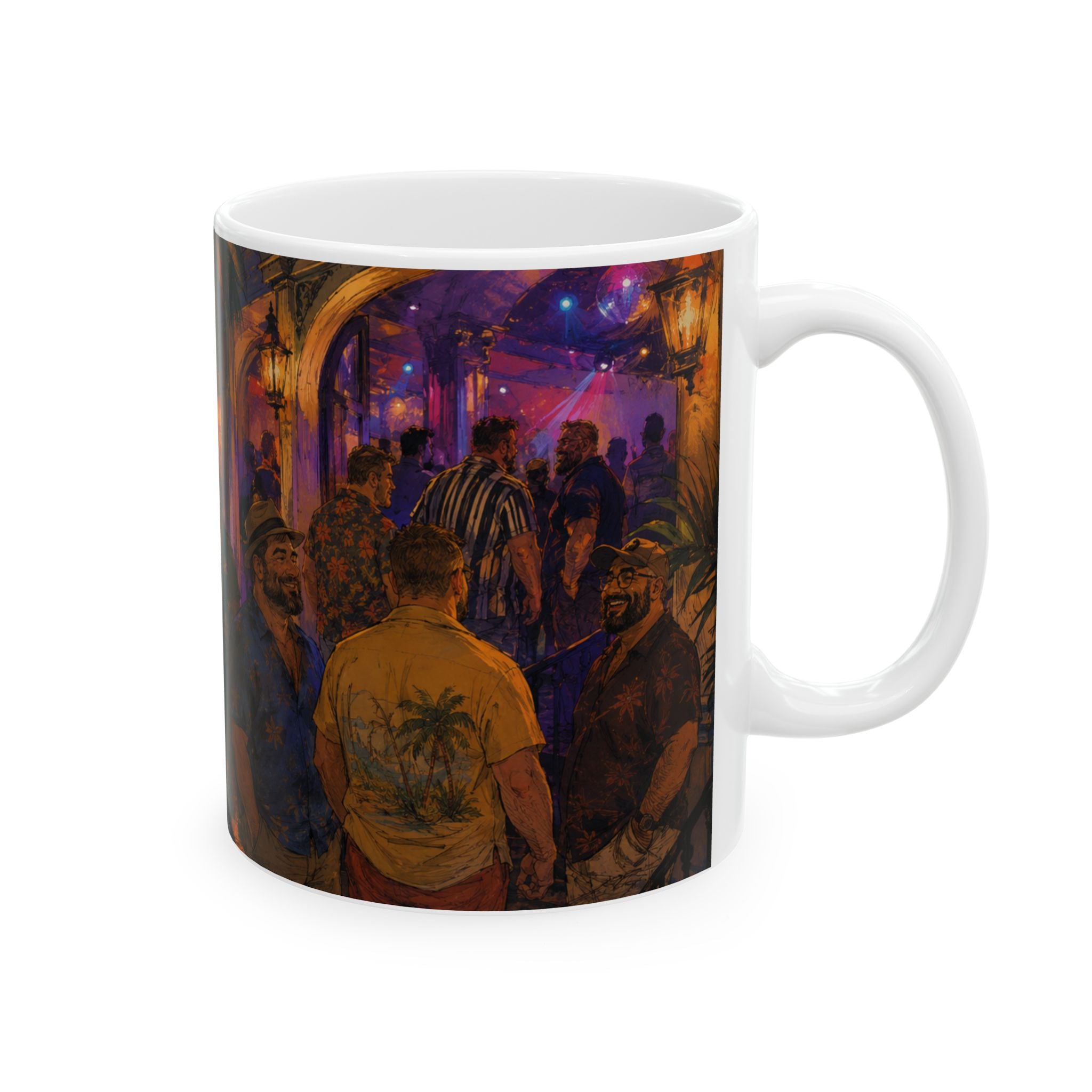 Street Nightlife Ceramic Mug — Cozy Tropical Bear Bar Scene Coffee Cup (11oz/15oz)Bear Coffee Mug