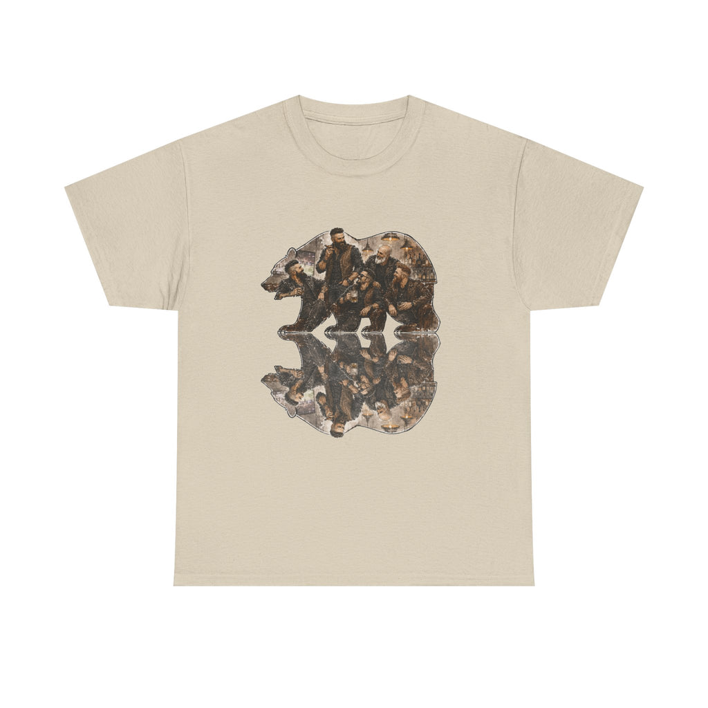 Bear men, friends gather, Reflection T-Shirt — Rustic Mountain Wildlife Graphic Tee