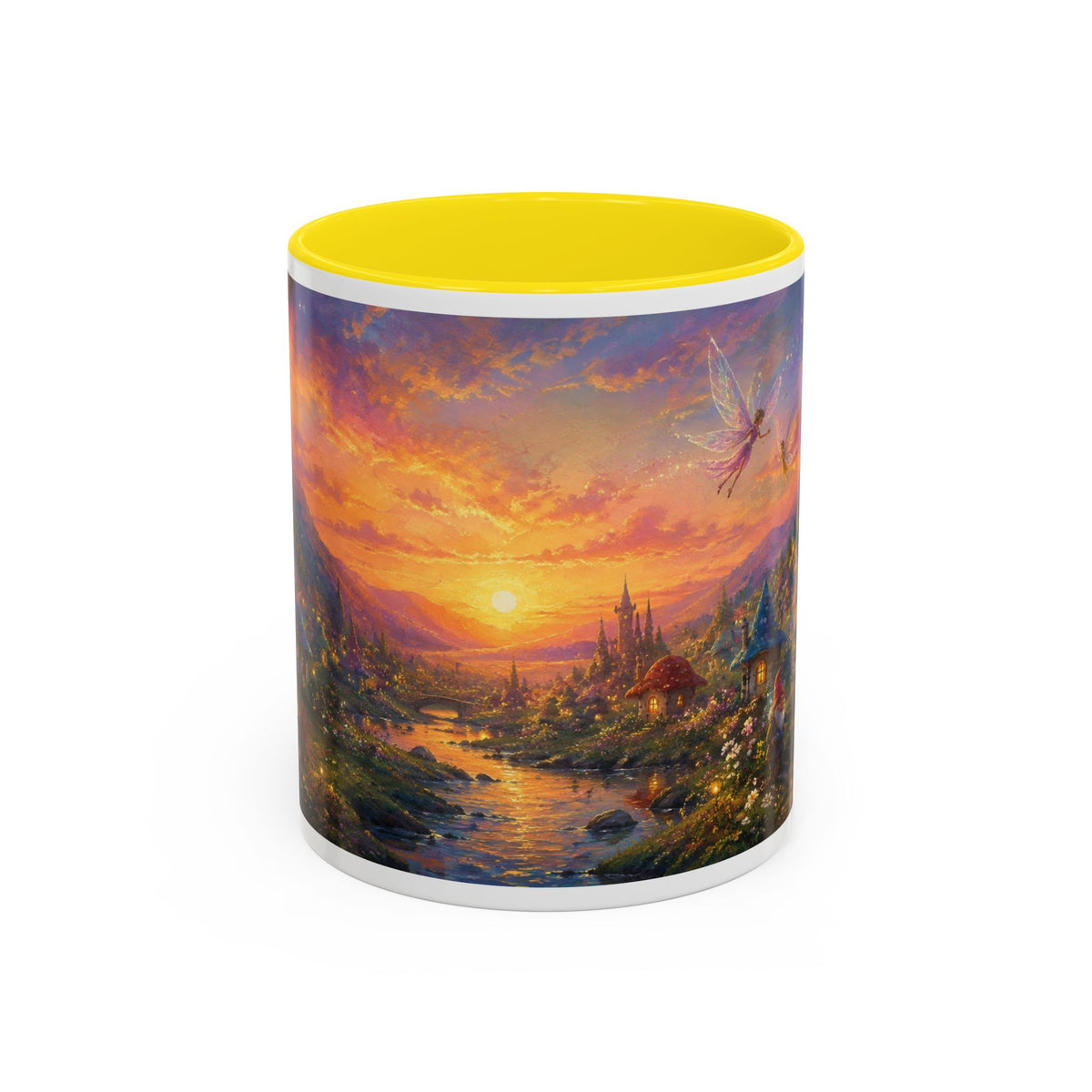 Fantasy Sunset Coffee Mug — Whimsical Village Sunrise Art Accent Mug (11/15oz)