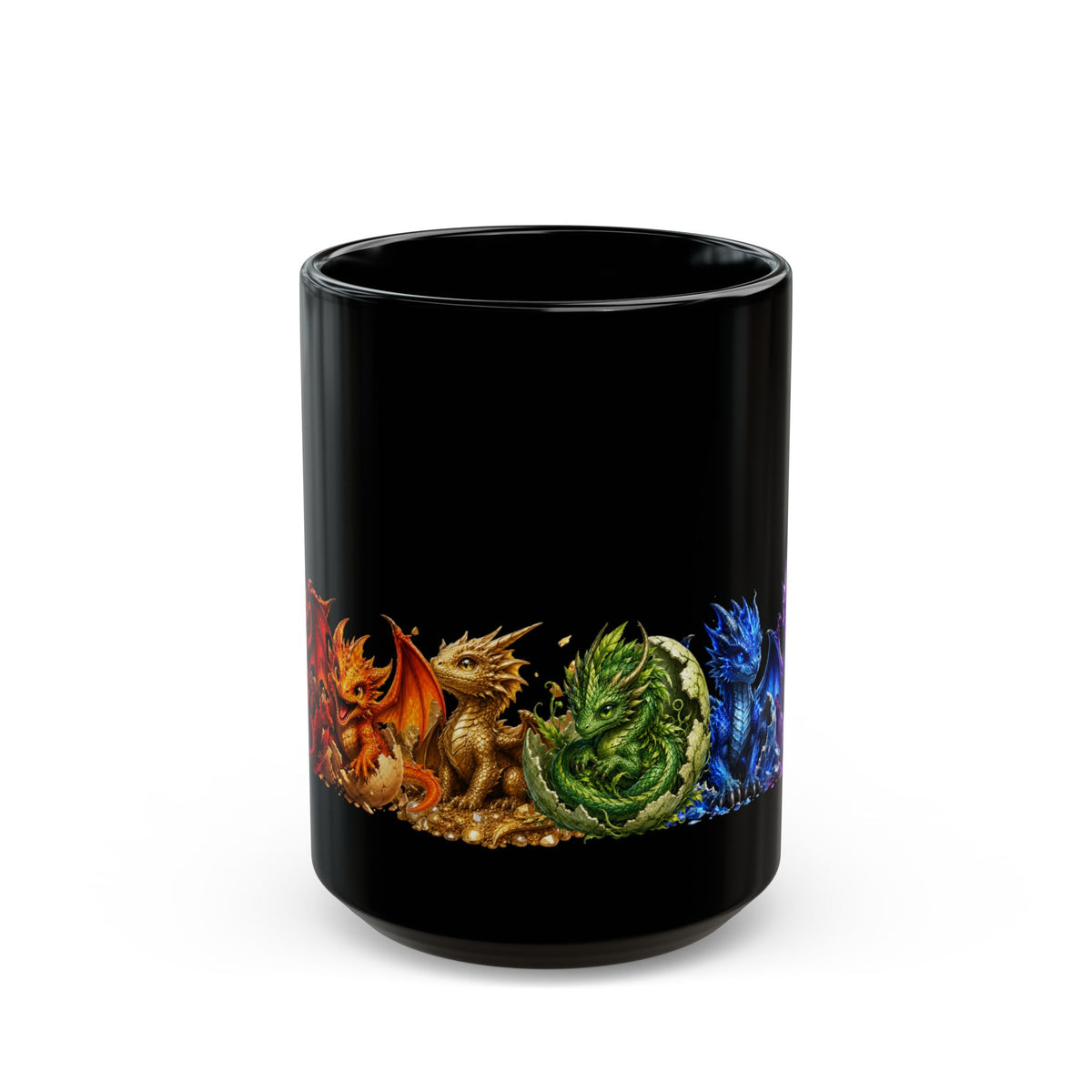 Dragon Hatchlings Black Mug — Colorful Elemental Baby Dragons Coffee Cup (11oz/15oz)Rainbow Dragons