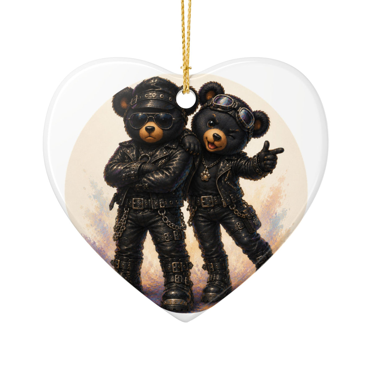 Biker Bear Heart Ornament — Cute Motorcycle Teddy Ceramic Decoration