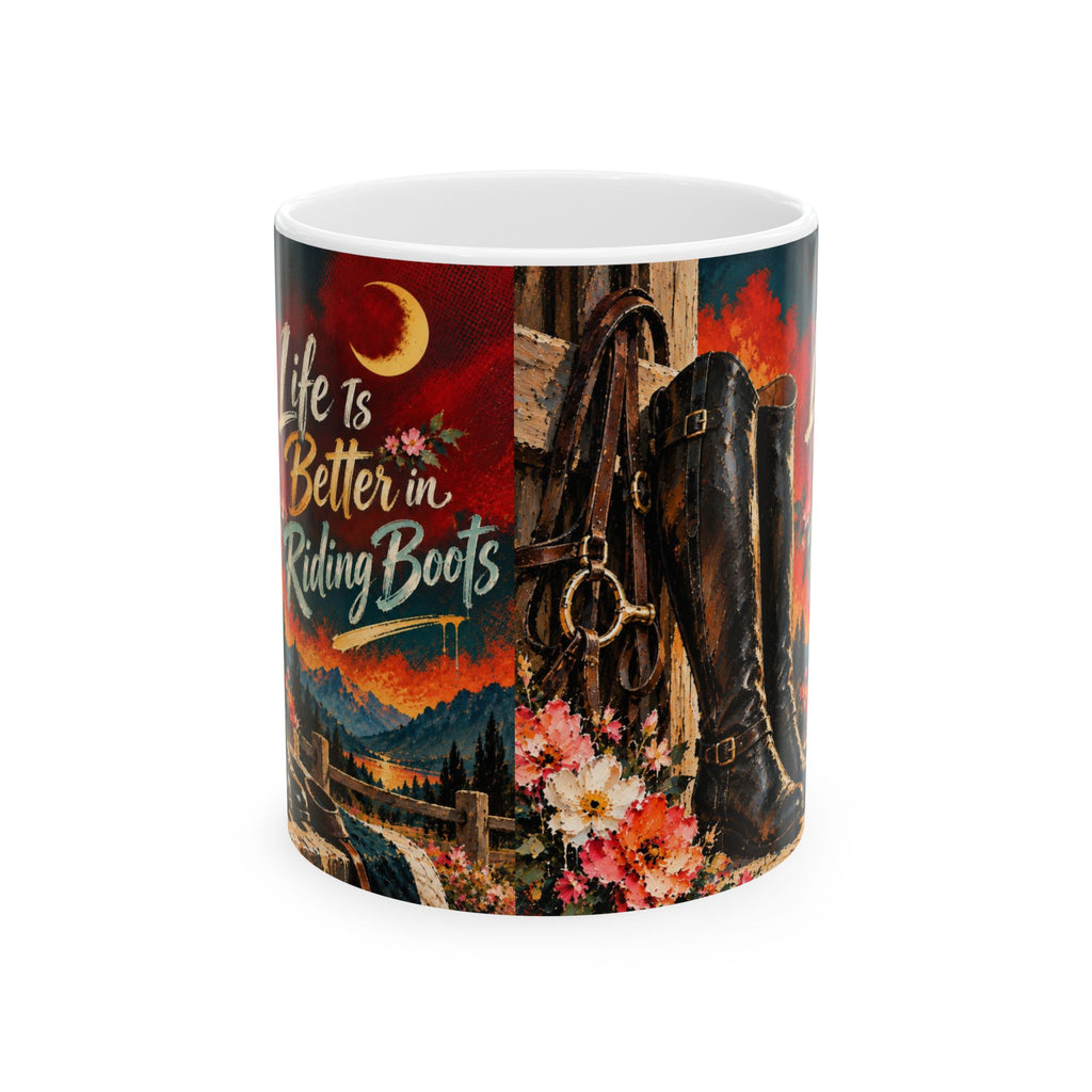 Life Is Better in Riding Boots Ceramic Mug — Western Cowboy Cowgirl Riding Boots Coffee Cup (11oz/15oz)