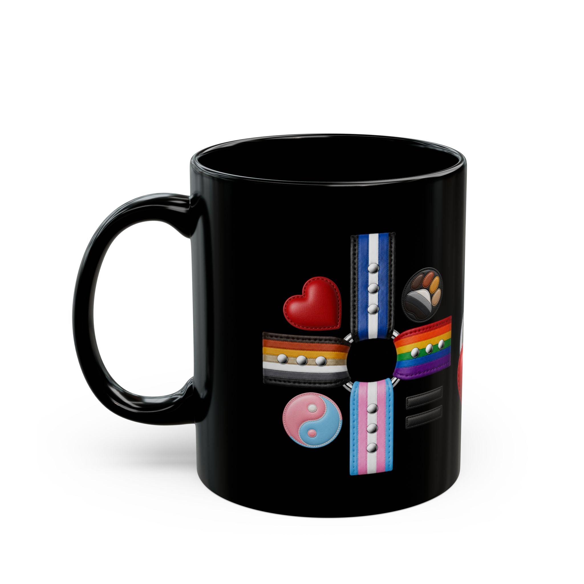 Pride & Kink Symbol Mug (Black) — LGBTQ+ Heart, Trans & Rainbow Emblems, Equality Coffee Cup