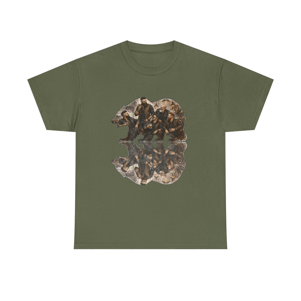 Bear men, friends gather, Reflection T-Shirt — Rustic Mountain Wildlife Graphic Tee
