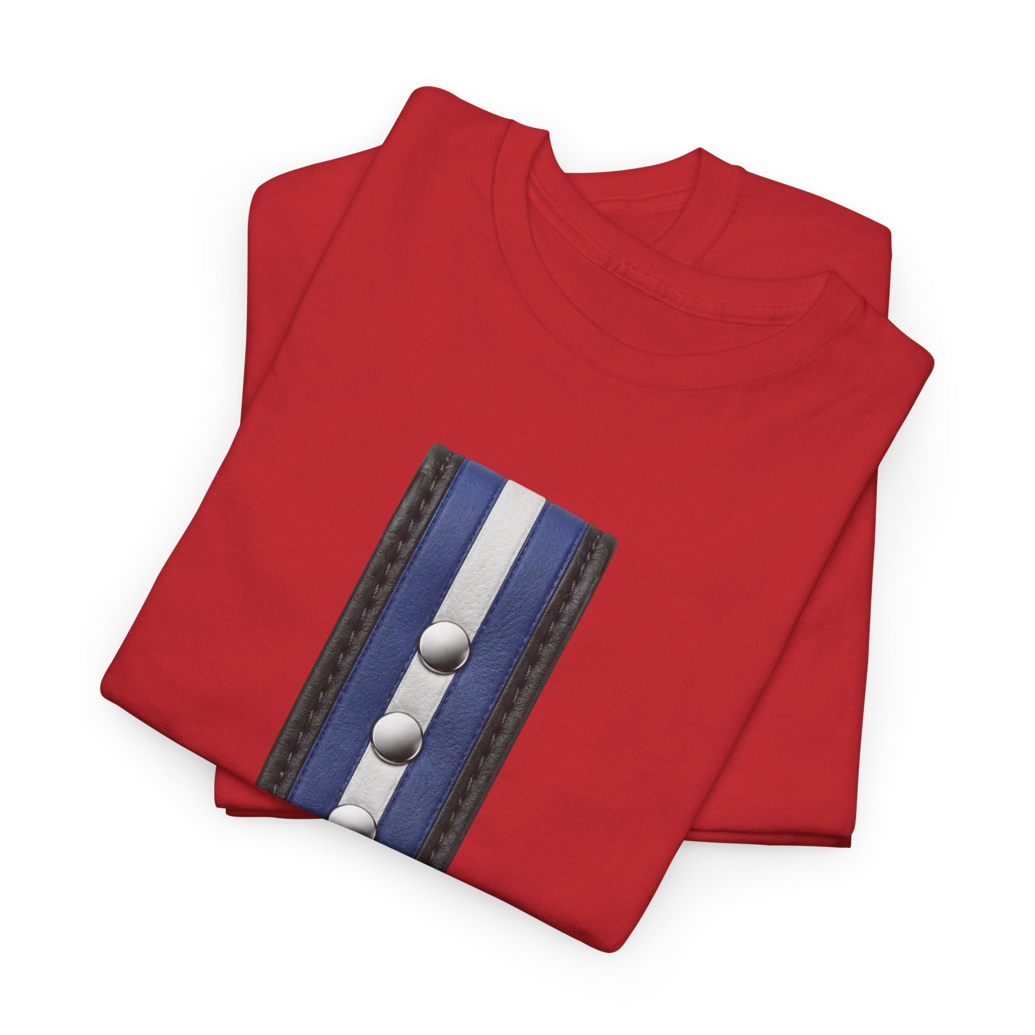 Blue Stripe O-Ring Graphic Tee. Leather pride strap