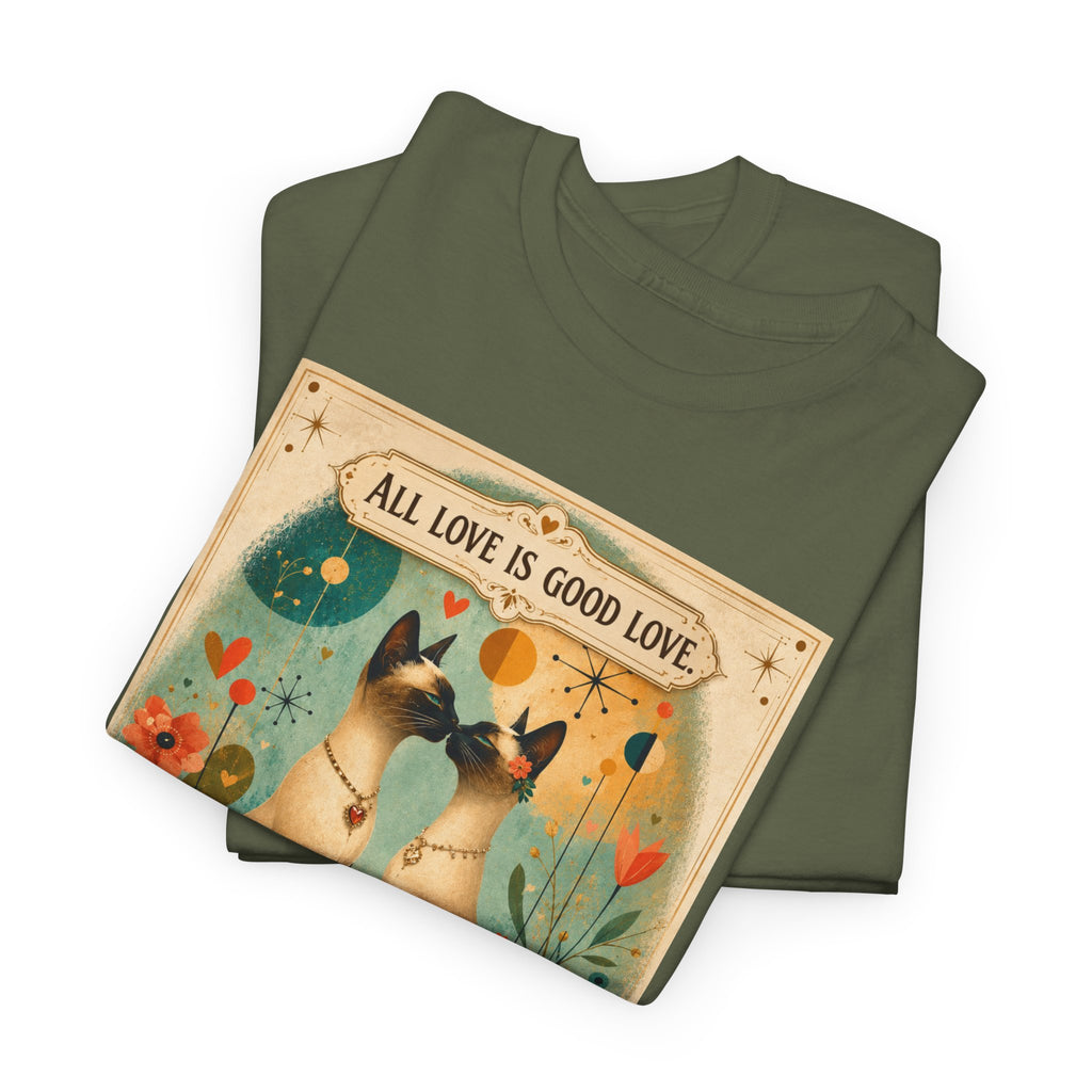Cat Love Poster Tee — "All Love is Good Love" Graphic T-Shirt. Siamese Cat Shirt. Cat Lover Gift. Cat Mom Shirt. Cat Dad Shirt Cat People Apparel. Cute Cat T-Shirt. Cat Lover Tee. Siamese. Cat Lover...