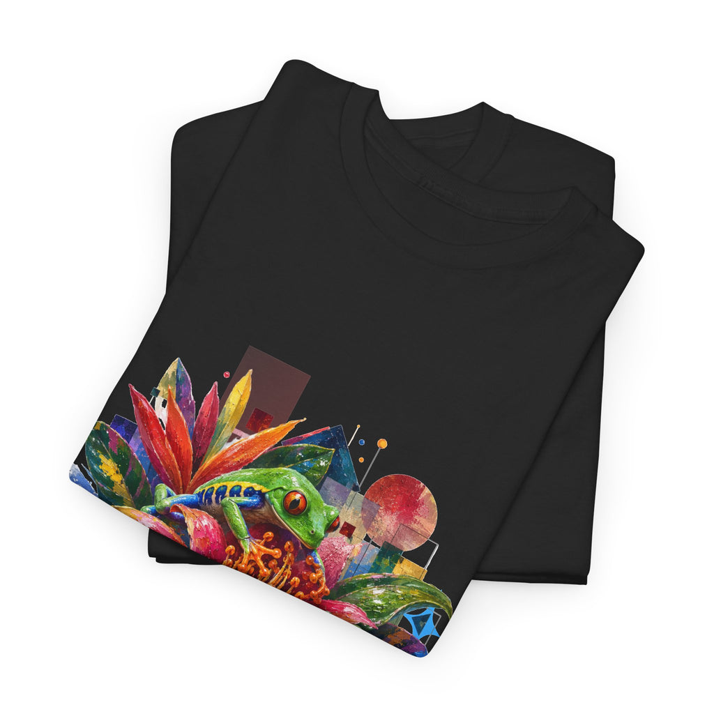 T-Shirt — Tropical Floral Collage Tee. Frog tee, Tree Frogs in Foliage. Eco-friendly reminder.