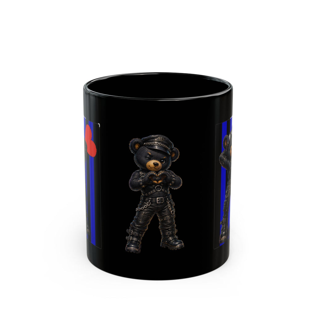 Leather Bear Mug — Biker Teddy on Blue Stripe Black Coffee Cup (11oz, 15oz)