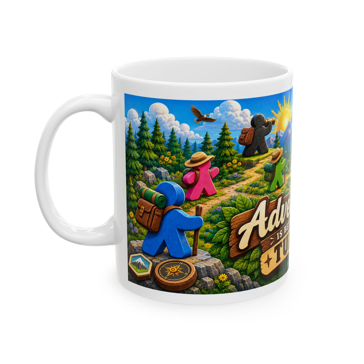 Adventure Is Better in Turns Ceramic Mug — Board Game Meeple Travel Design (11oz/15oz)