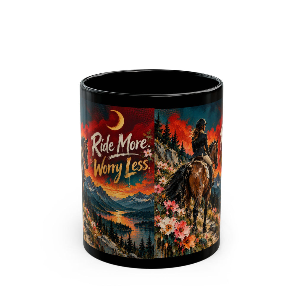 Ride More Worry Less Mug — Cowboy Horse Scenic Black Coffee Cup (11oz/15oz)Horse Lover Coffee Mug – Equestrian Art Mug with Jewel Tone Horse Painting