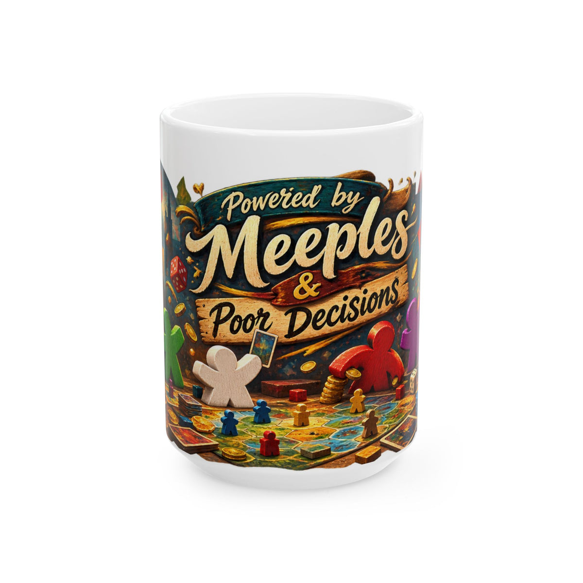 Powered by Meeples & Poor Decisions Ceramic Mug — Board Game Coffee Cup (11oz, 15oz)
