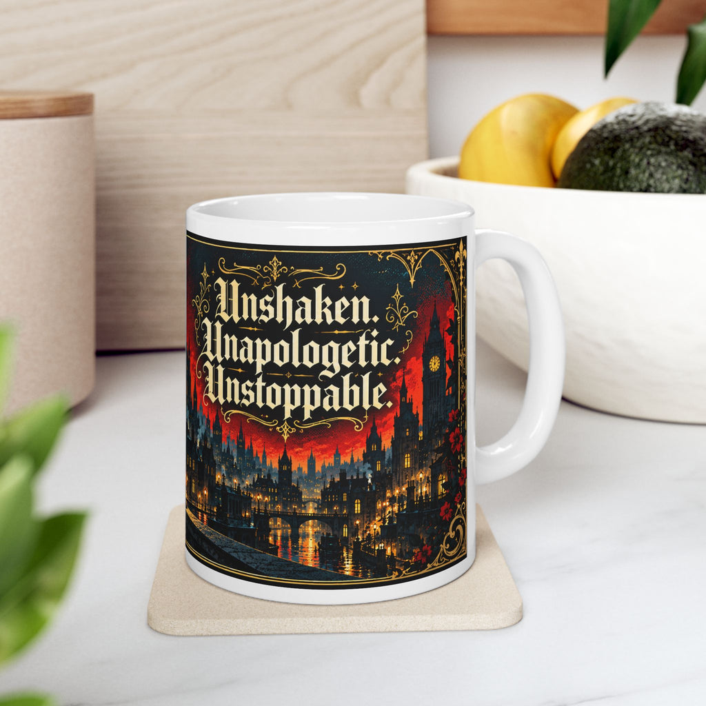 Gothic Cityscape Ceramic Mug — 'Unsinkable, Unapologetic, Unstoppable' Rooted in Greatness Afrocentric Empowerment Mug. Dark Fantasy Coffee Cup