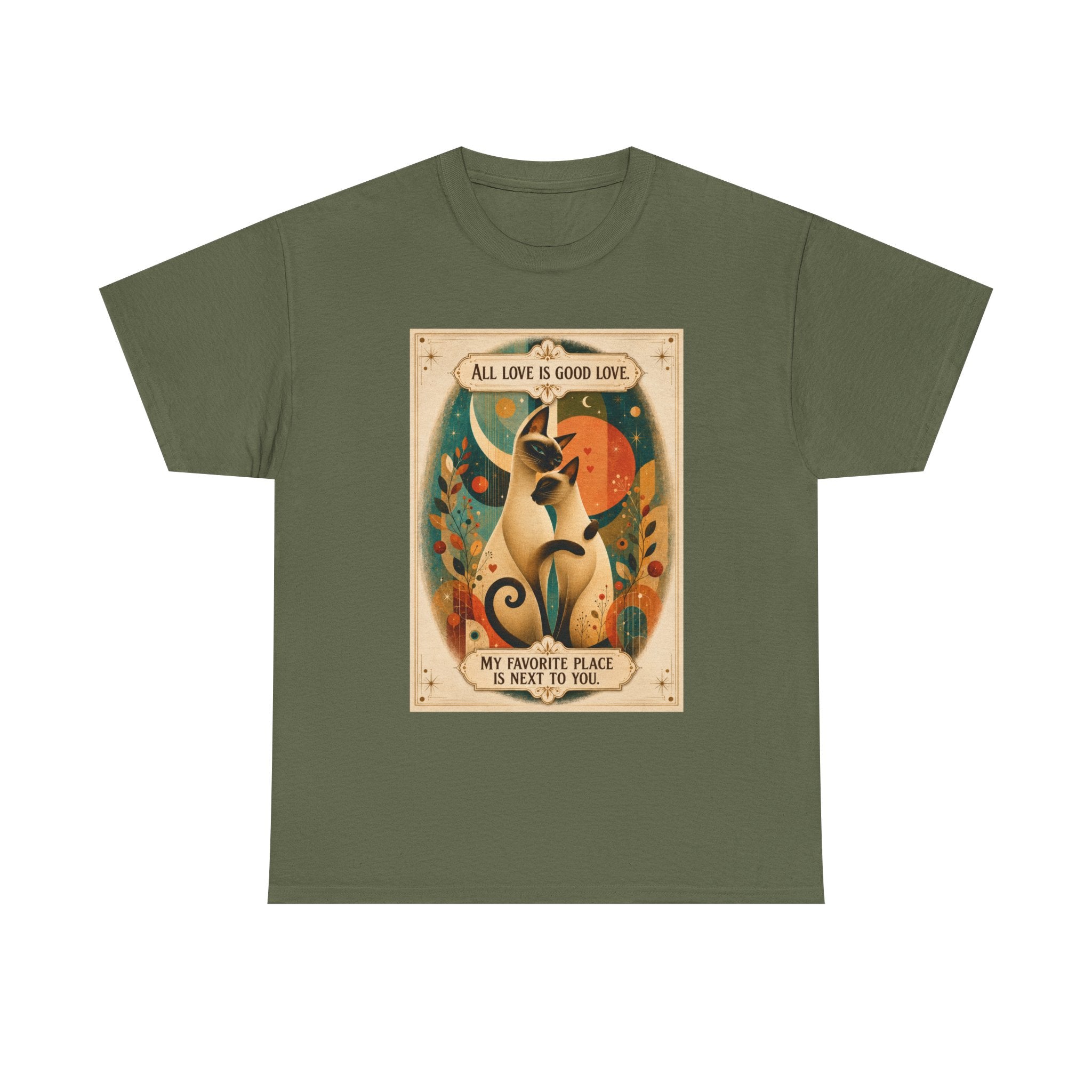Cat Love Graphic Tee — "All Love Is Good Love" Retro Cat Couple T-Shirt. Siamese Cat Shirt Cat Lover Gift Cat Mom Shirt Cat Dad Shirt Cat People Apparel Cute Cat T-Shirt Cat Lover Tee Siamese Cat...