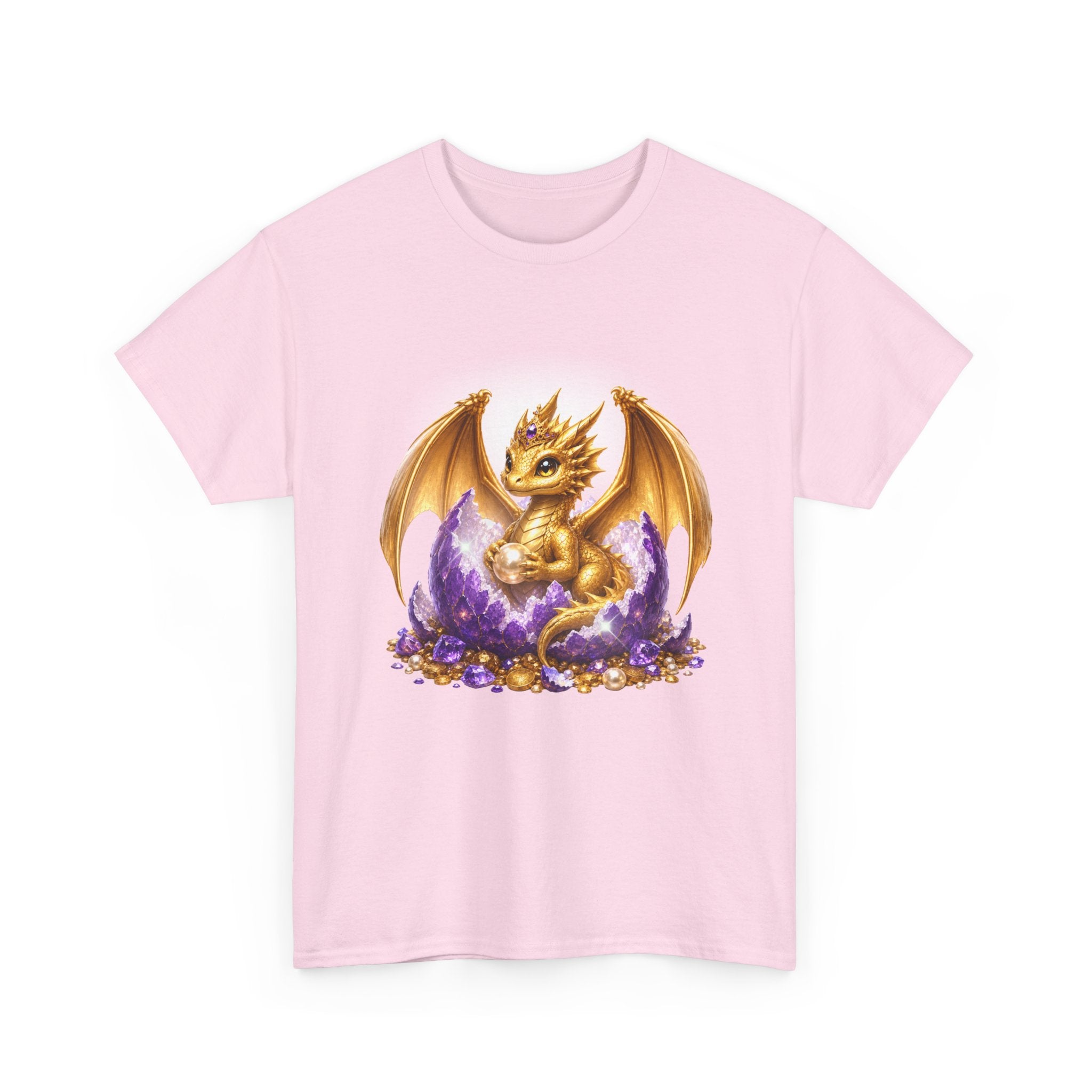 Golden Baby Dragon Tee — Cute Fantasy Dragon Shirt with Purple Egg