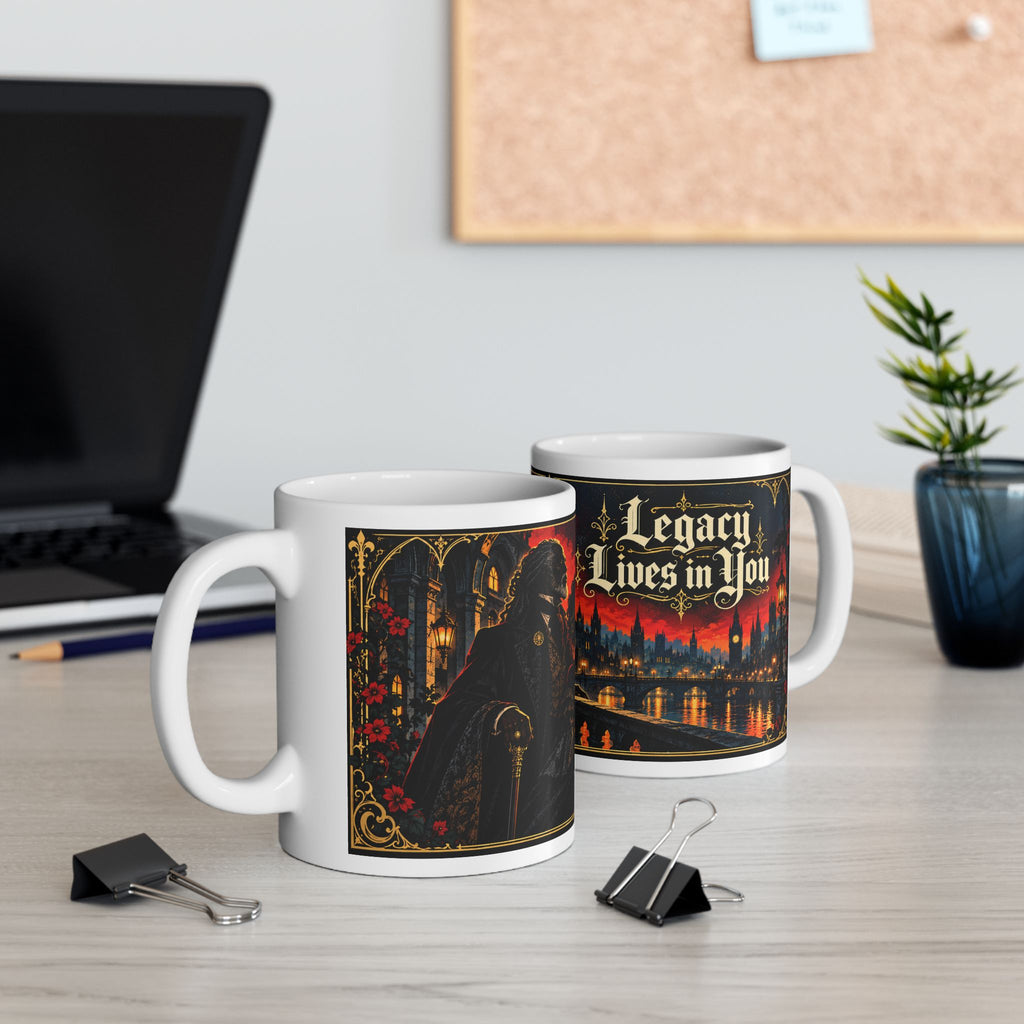 Gothic Cityscape Ceramic Mug – Legacy Lives in You Black Man Gothic Art Mug.  “Legend Lives On” 11oz/15oz