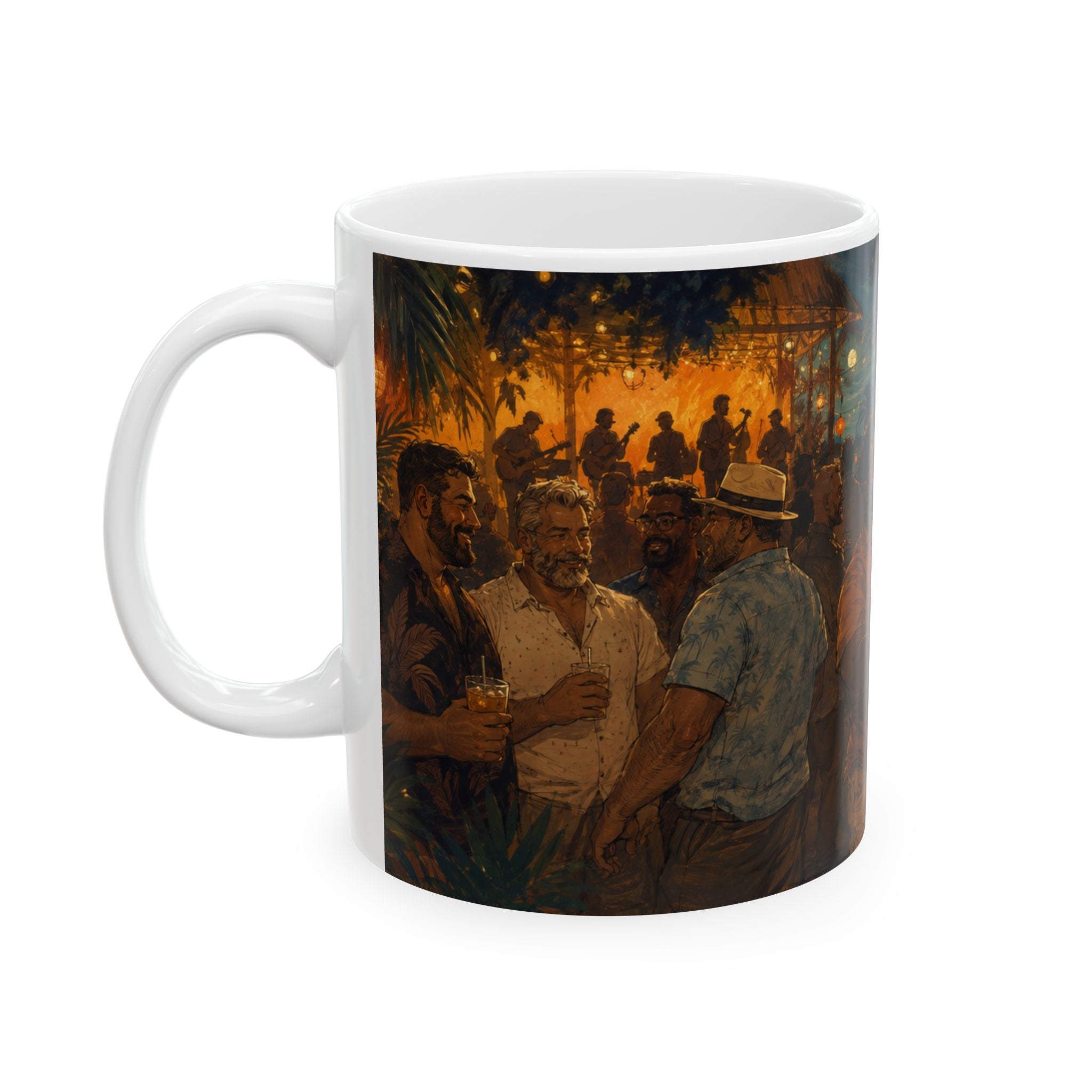 Ceramic Mug — Tropical Night Market Bear Couples Art. Bear Dance night for Bear mug lovers.